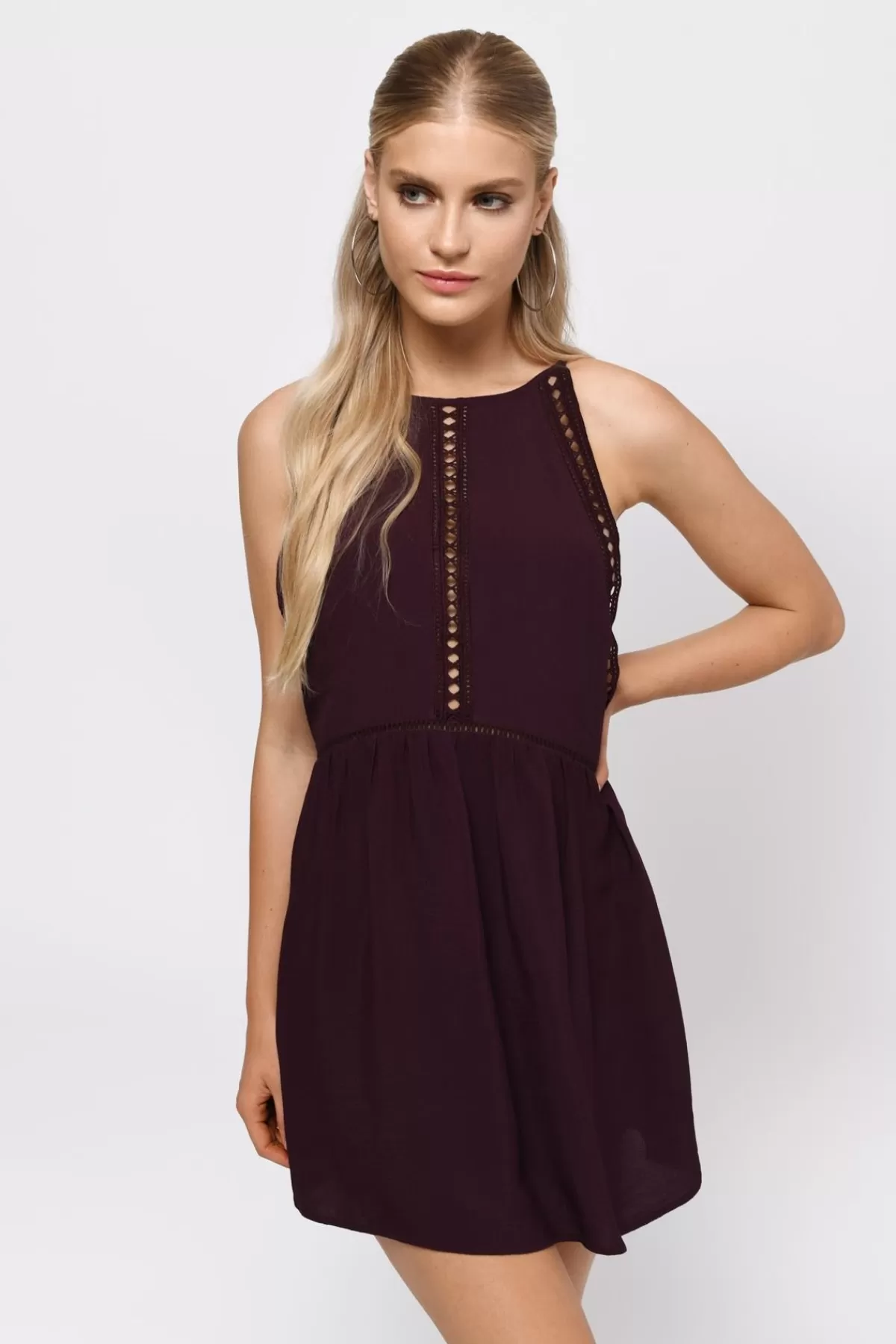 Tobi 90's Baby Eyelet Backless Mini Dress - Merlot* Bump Friendly Dresses | Valentines Day Outfits