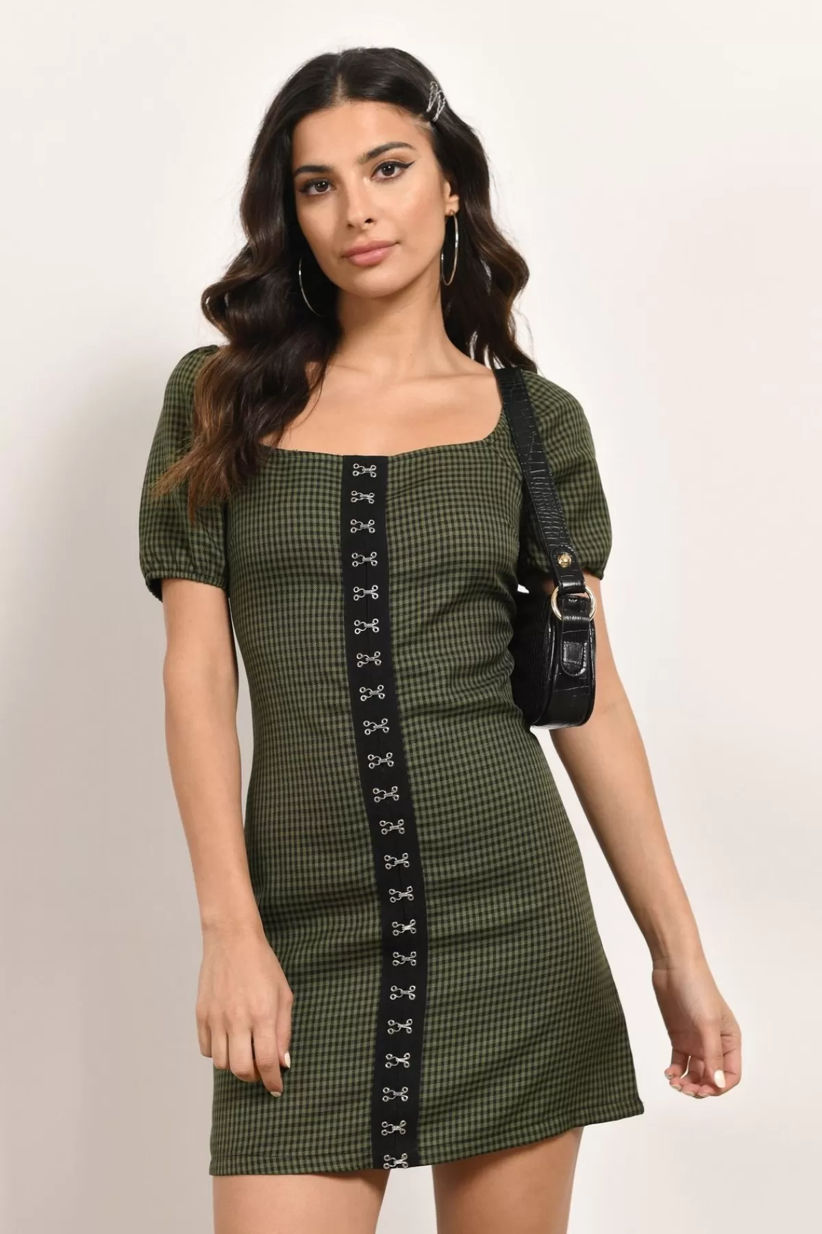 Tobi Aisha Hook And Eye Gingham Mini Dress - * Puff Sleeve Dresses | Green Dresses