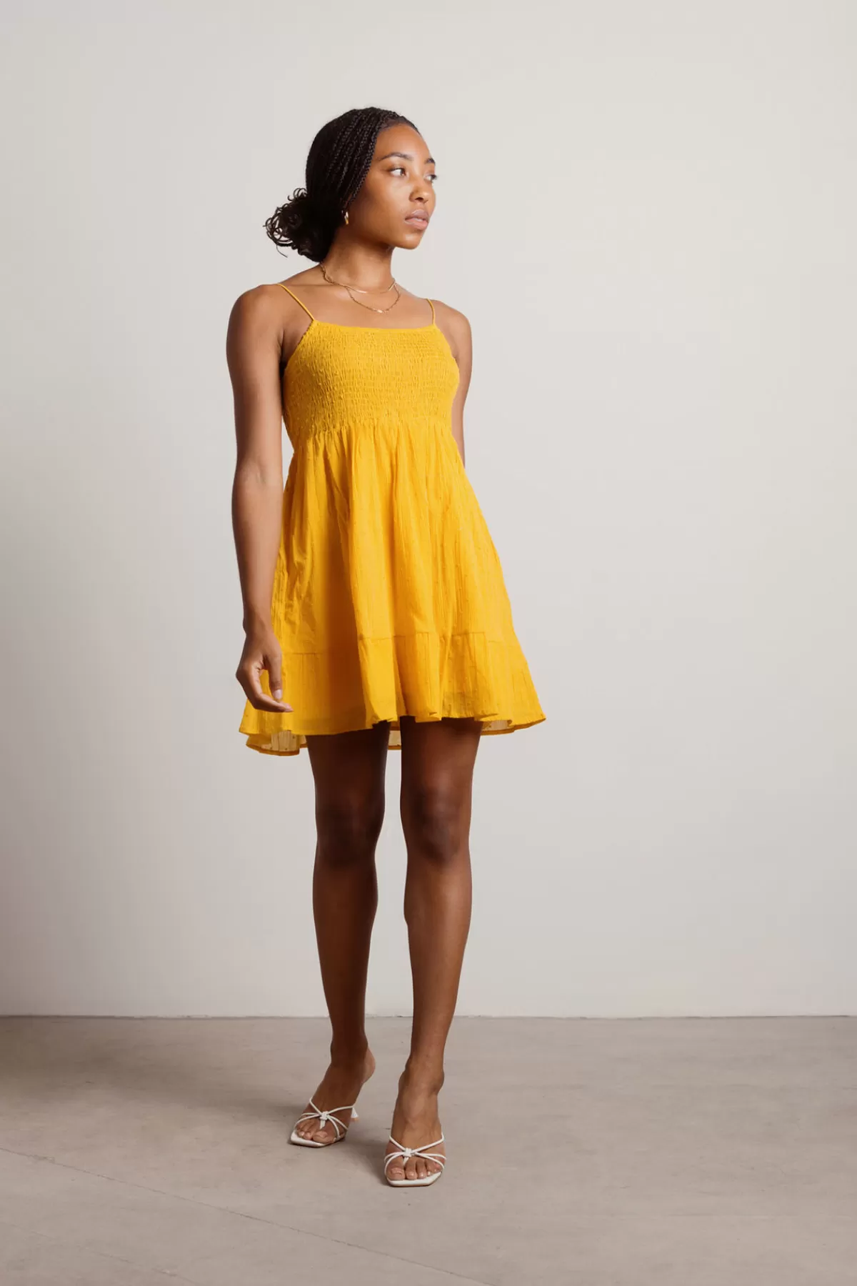 Tobi Alfiya Smocked Skater Mini Dress - Yellow* Honeymoon Outfits | Bump Friendly Dresses