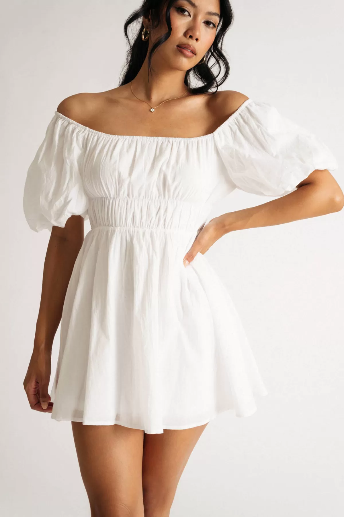 Tobi Alison Puff Sleeve Ruched Skater Mini Dress* Honeymoon Outfits | Bridal Shower Dresses