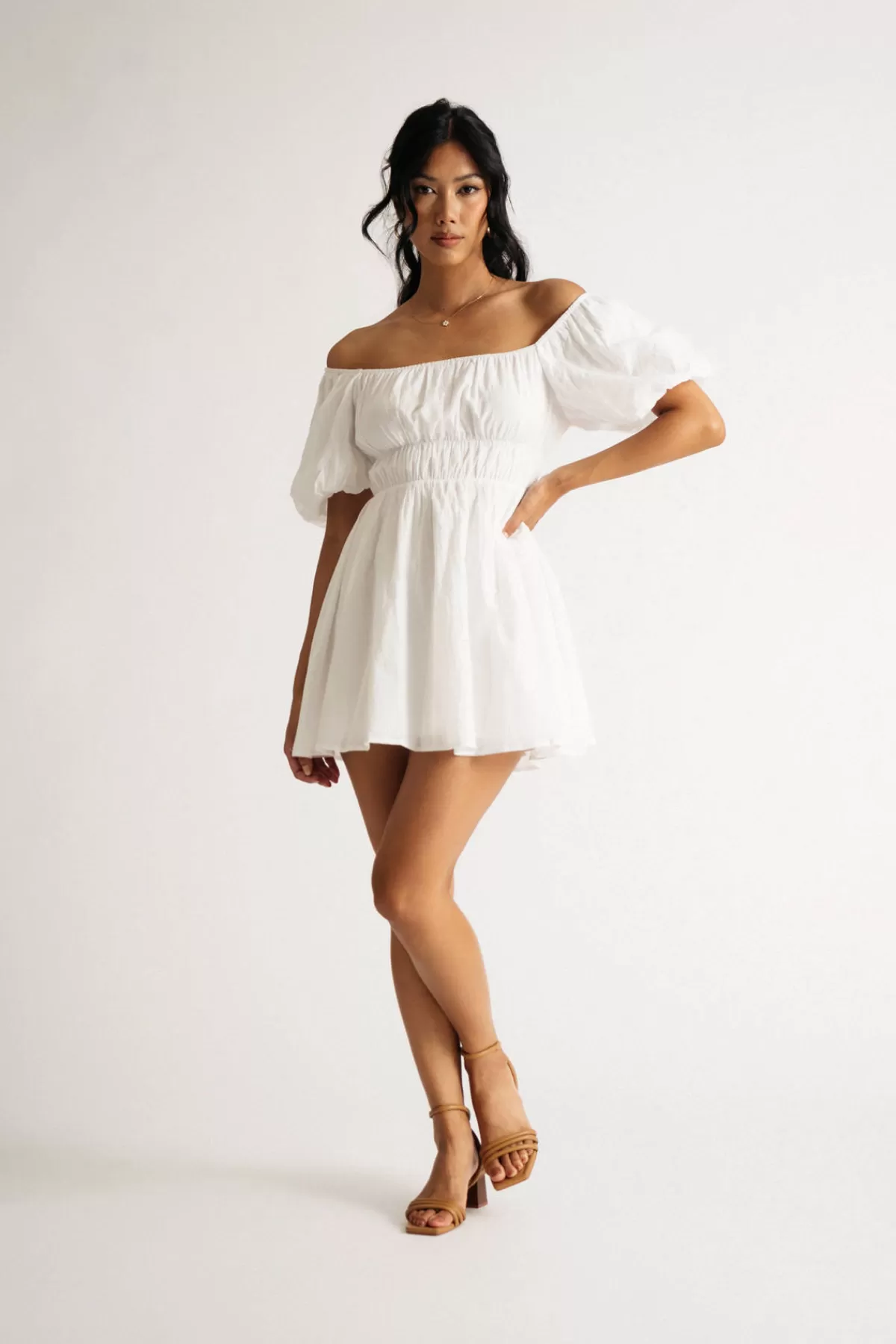 Tobi Alison Puff Sleeve Ruched Skater Mini Dress* Honeymoon Outfits | Bridal Shower Dresses