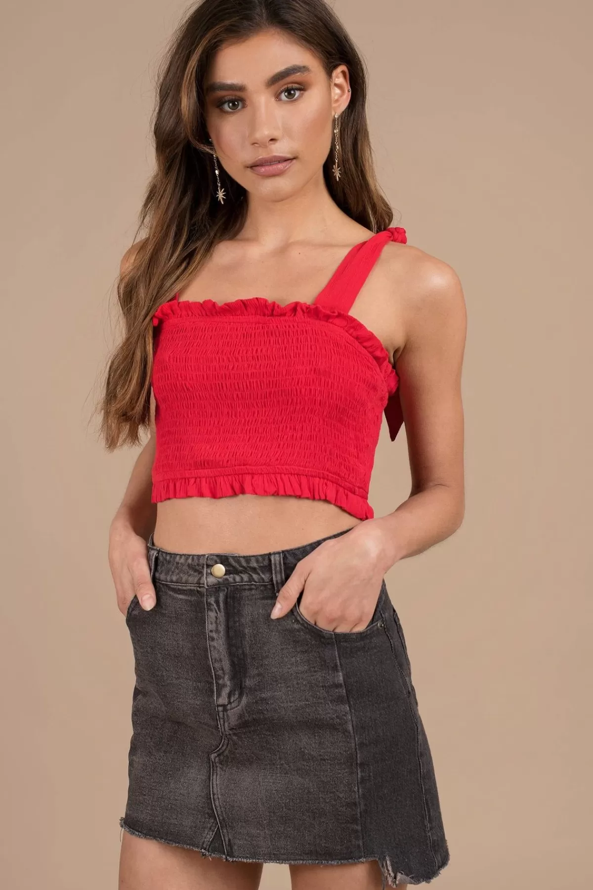 Tobi All Smocked Out Crop Top - * Red Tops