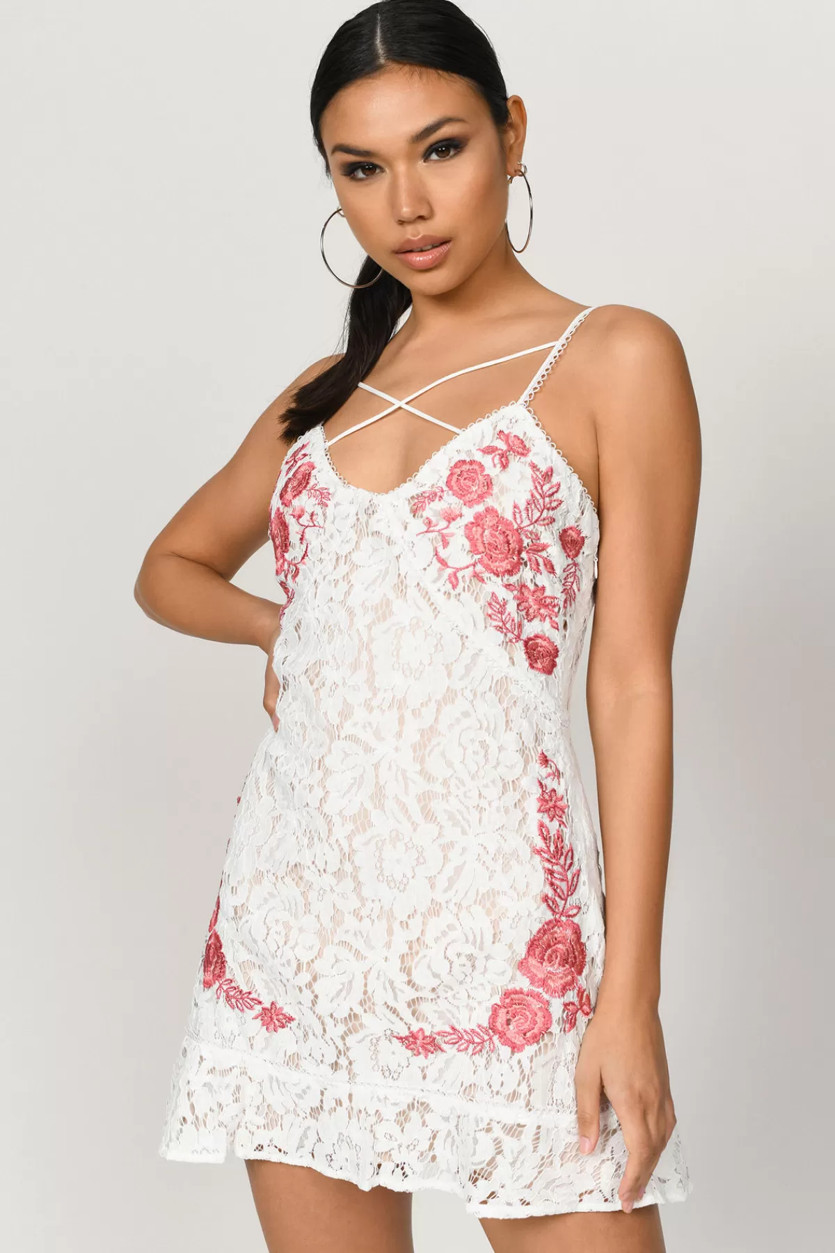 Tobi Avery Lace Embroidered Mini Dress - Nude* Summer Wedding Guest Dresses | Wedding Guest Dresses Under $50