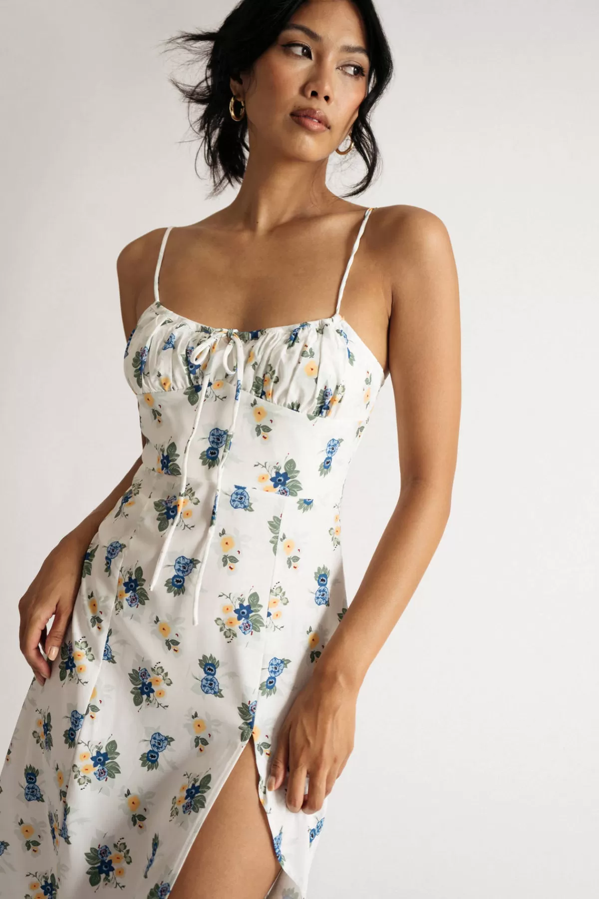 Tobi Azalia Floral Slit Midi Dress - White Multi* Honeymoon Outfits | Summer Wedding Guest Dresses