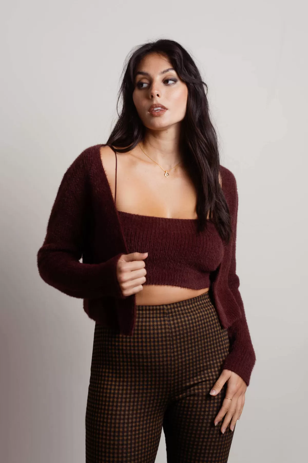 Tobi Beatrice Fuzzy Crop Top And Cardigan Set - Black* Holiday Gift Guide | Camis & Tanks