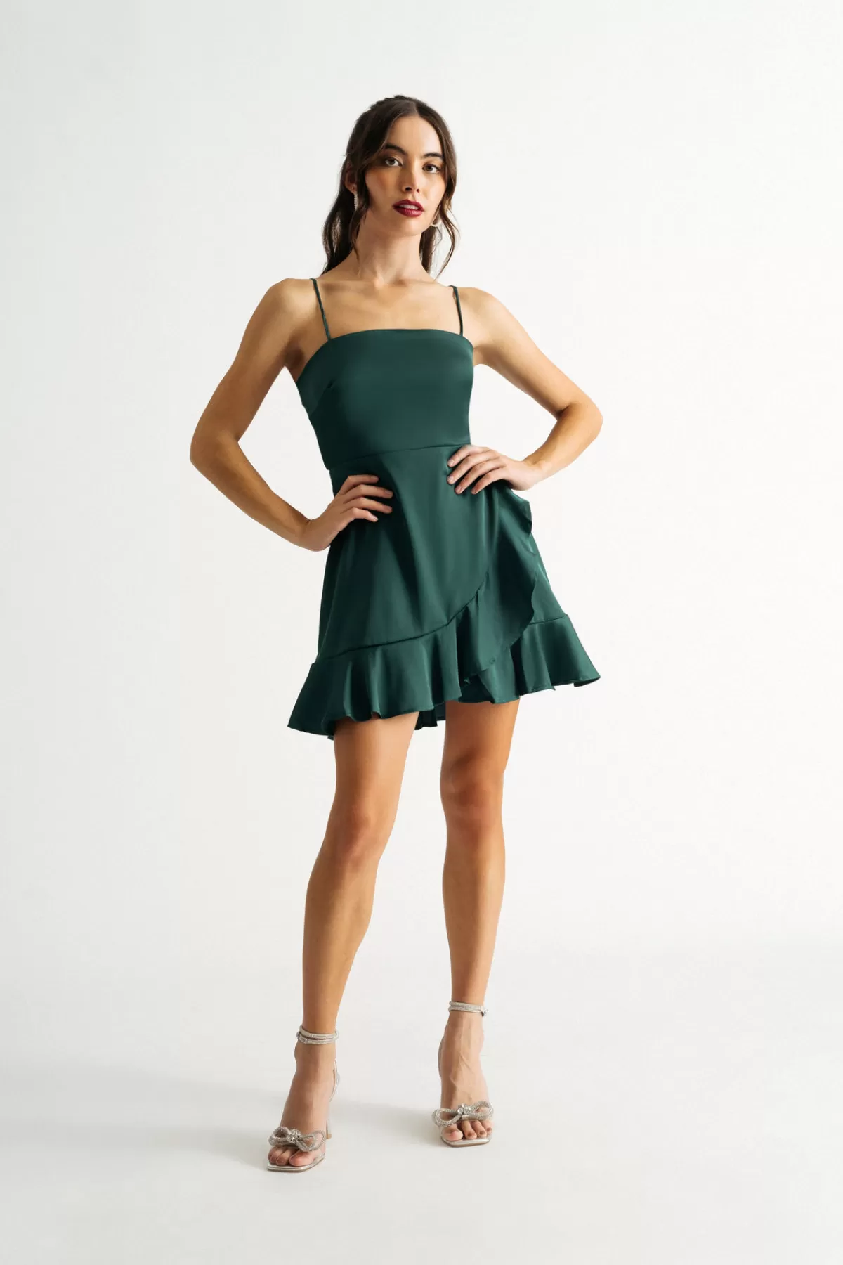 Tobi Beezus Satin Ruffle Wrap Skater Mini Dress* Honeymoon Outfits | Wedding Guest Dresses Under $50