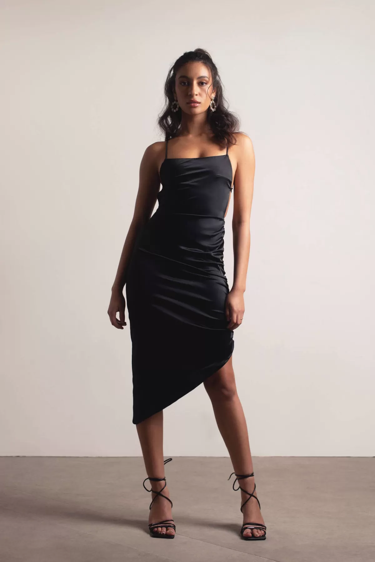 Tobi Blush Away Black Satin Asymmetrical Backless Midi Dress* Honeymoon Outfits | Satin Bridesmaid Dresses