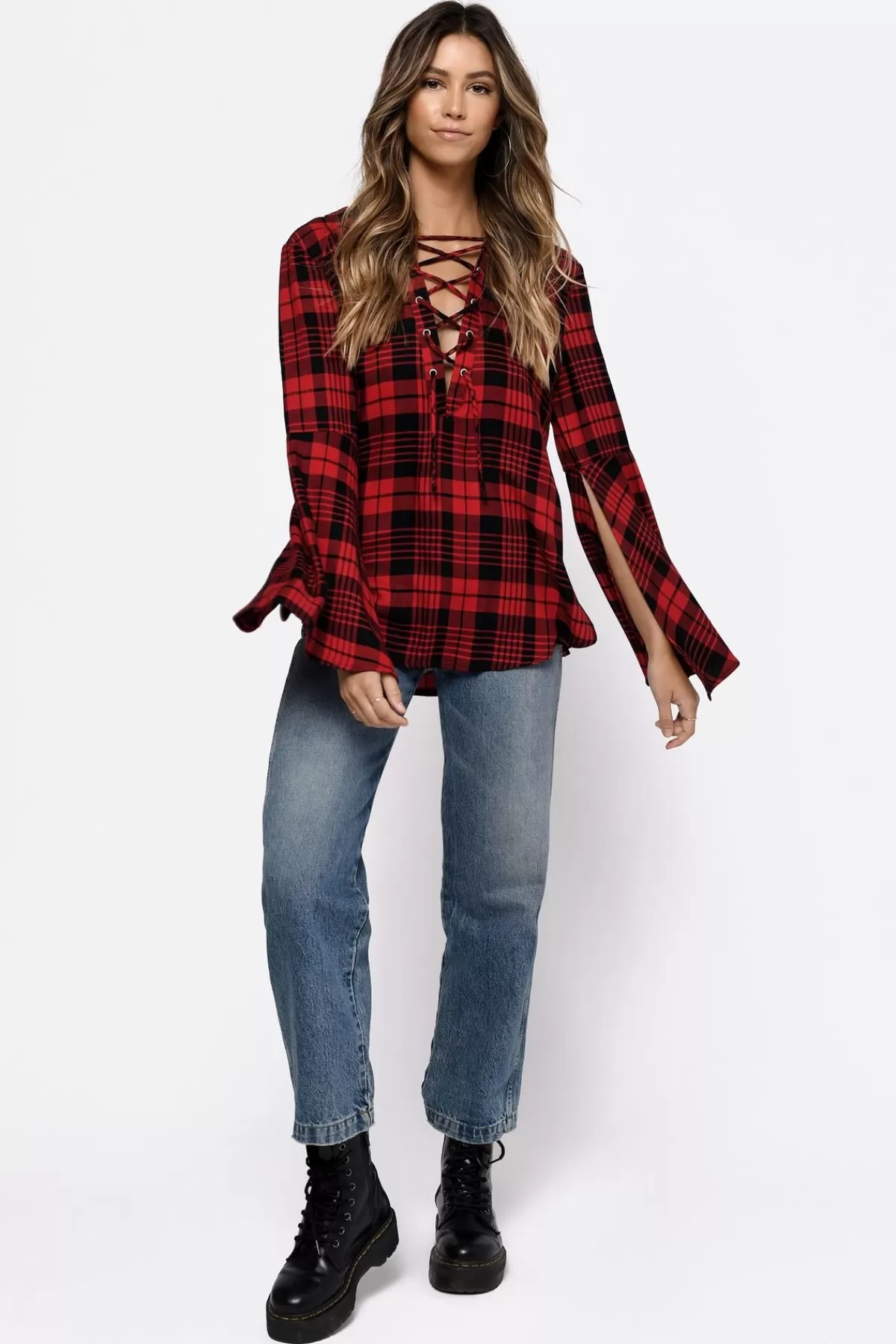 Tobi Chleo Lace Up Blouse - * Red Tops | Long Sleeve Tops