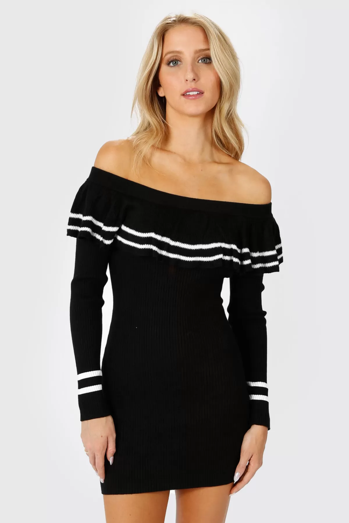 Tobi Christina Ribbed Off The Shoulder Mini Dress - Black* Halloween Outfits | Night Club Outfits