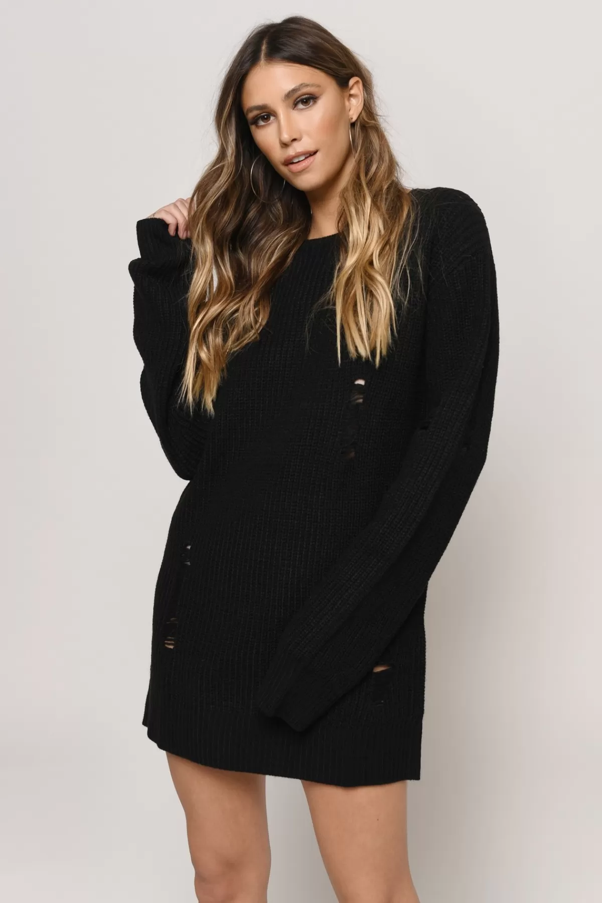 Tobi Complicated Distressed Sweater Mini Dress - Black* Shift Dresses | Long Sleeve Dresses