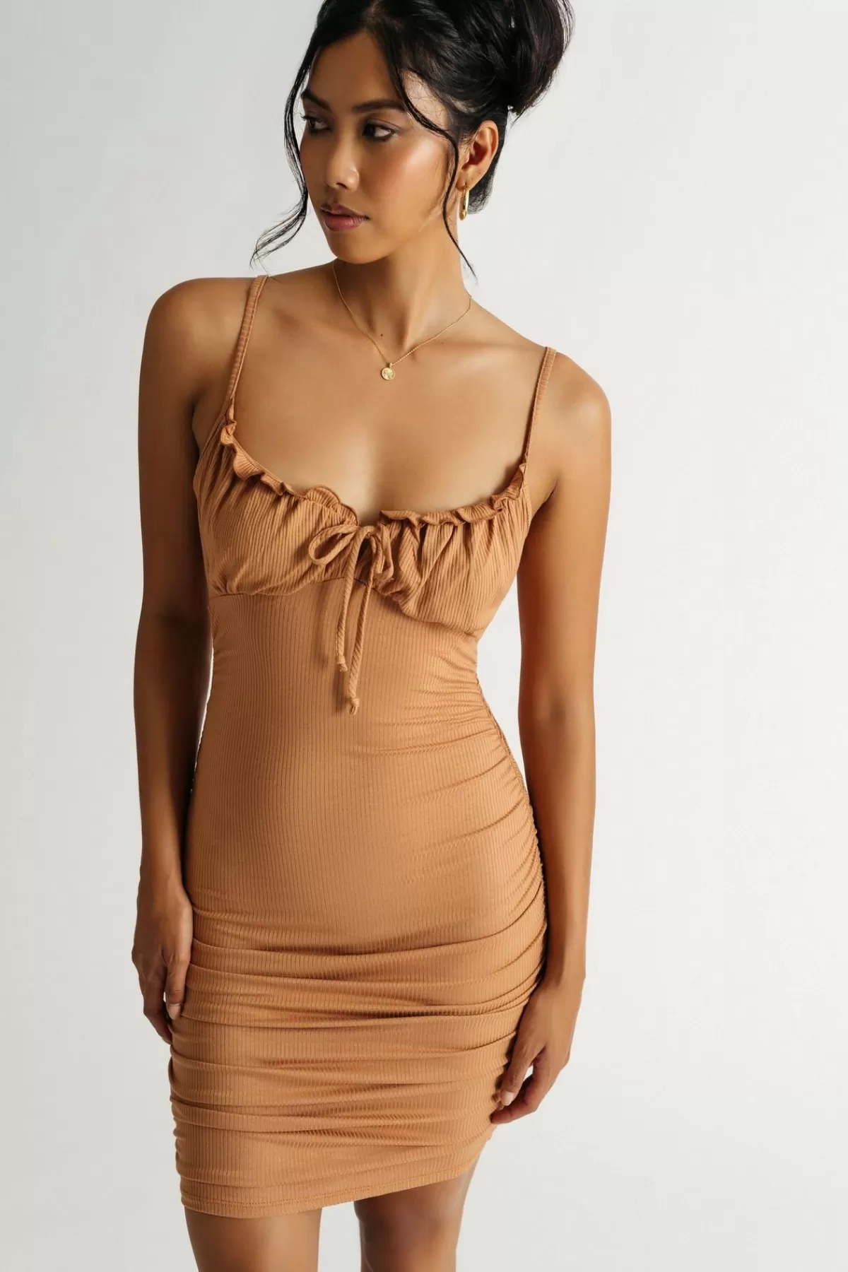 Tobi Dani Ruched Front Tie Mini Dress - Toffee Brown* Honeymoon Outfits | Night Club Outfits