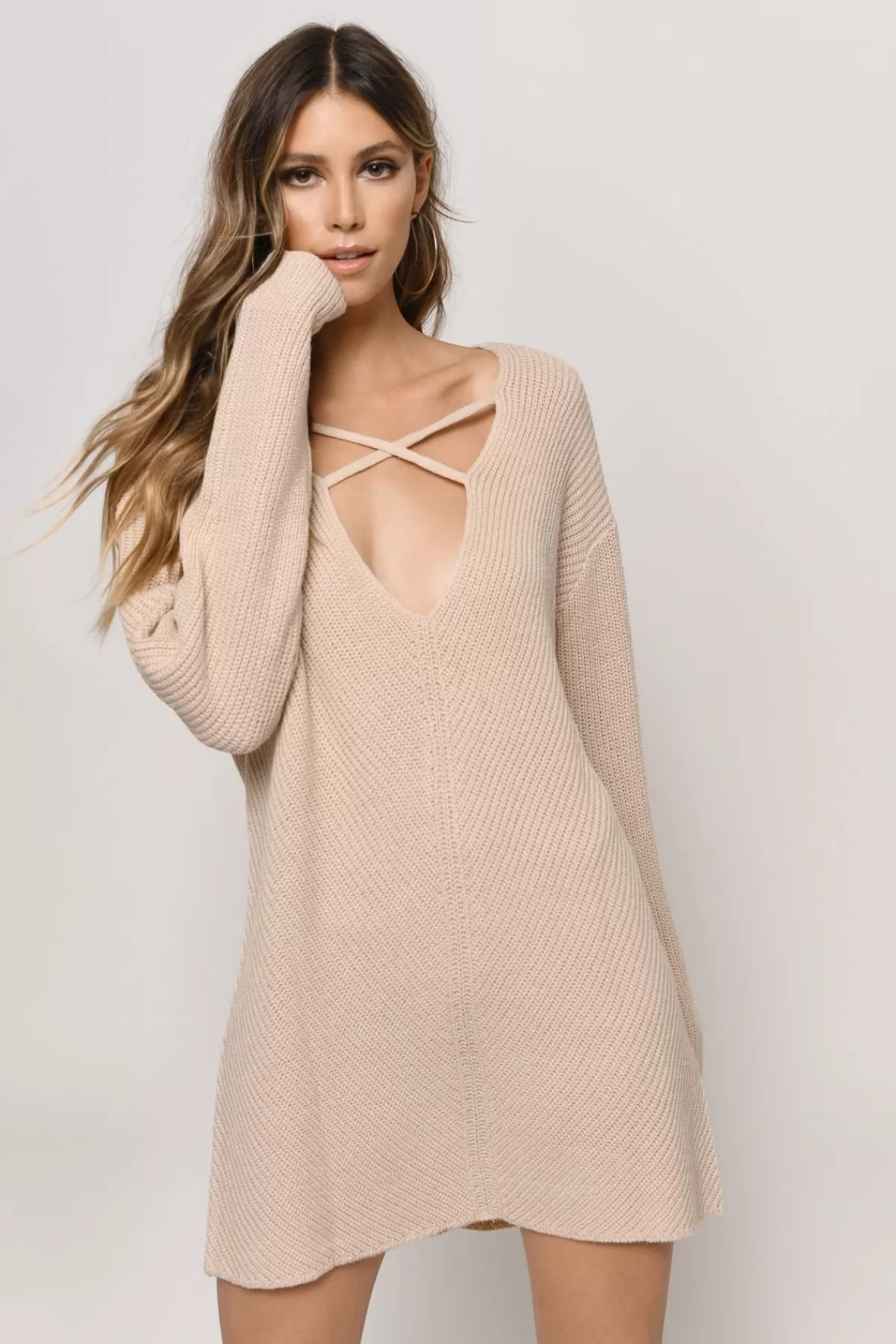 Tobi Don't Let Me Down Plunging Sweater Mini Dress - Toast* Holiday Gift Guide | Shift Dresses