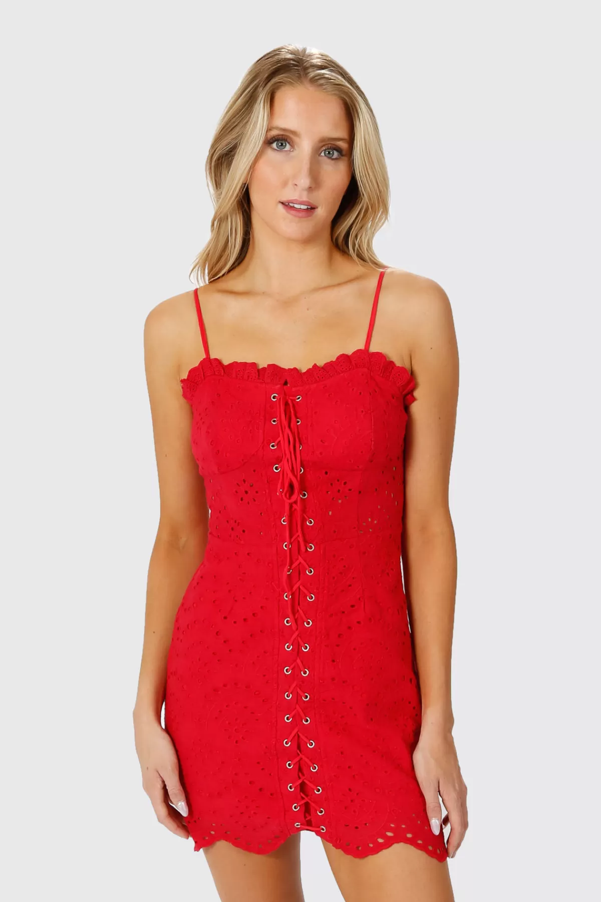 Tobi Elsa Lace Up Eyelet Mini Dress - Red* Valentines Day Outfits | Halloween Outfits