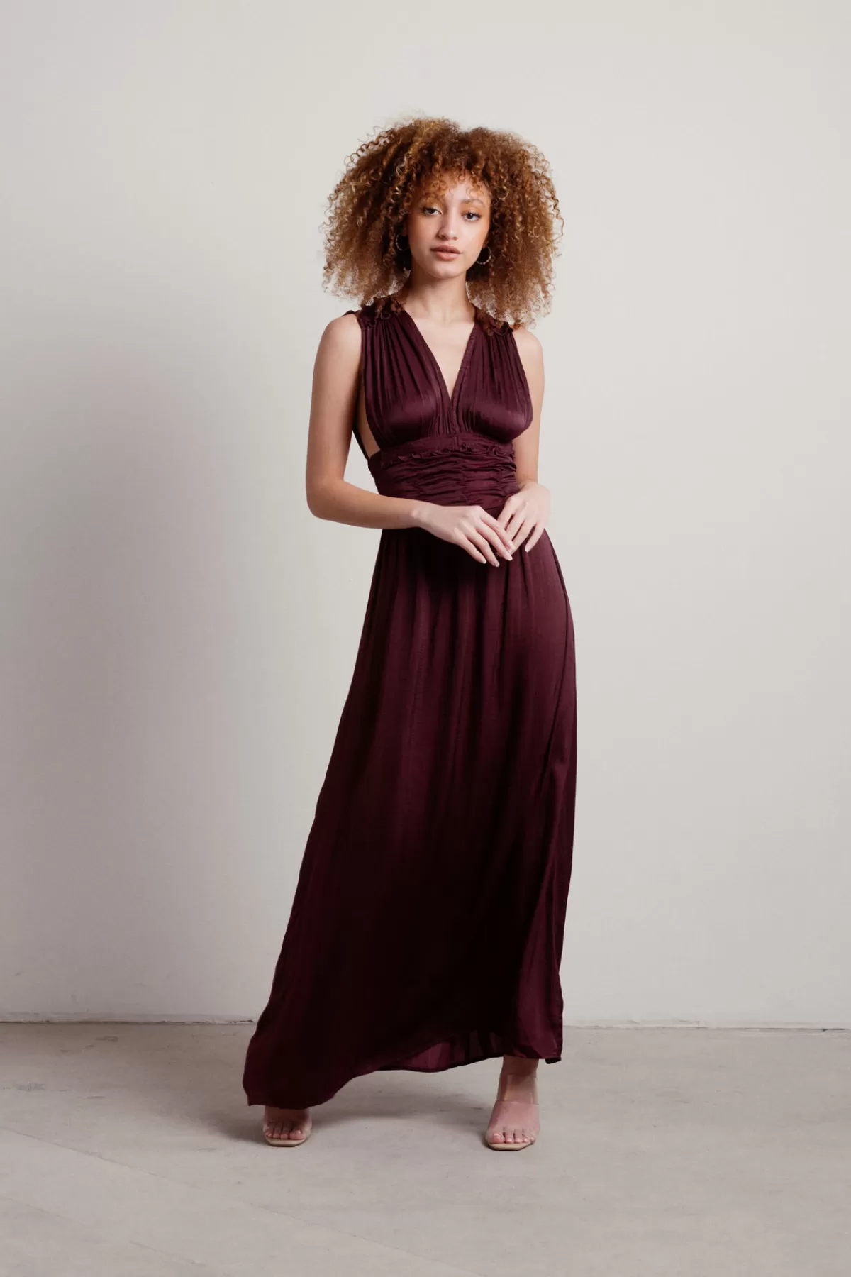 Tobi Goddess Satin Smocked Maxi Dress - Burgundy* Satin Bridesmaid Dresses | Grandmother Of The Bride Dresses