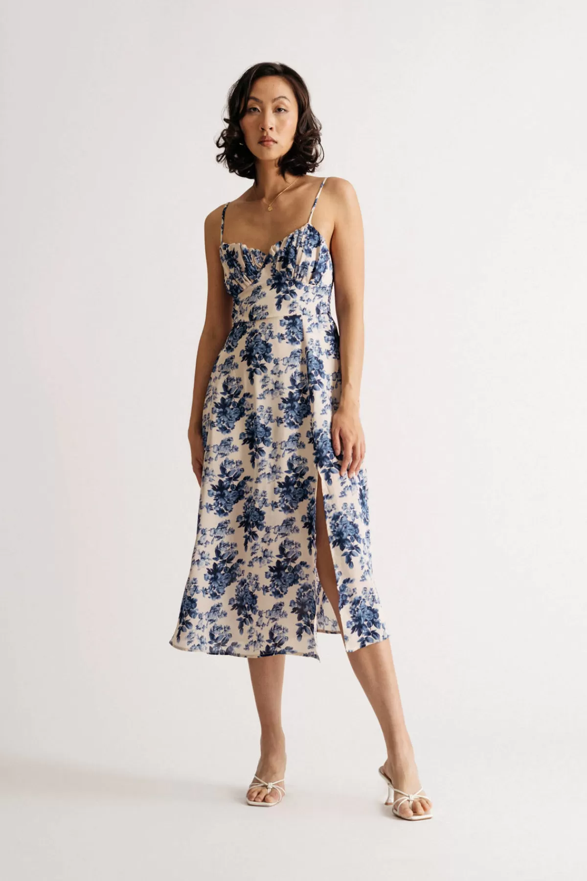 Tobi Guinevere Floral Satin Ruched Midi Dress* Honeymoon Outfits | Summer Wedding Guest Dresses