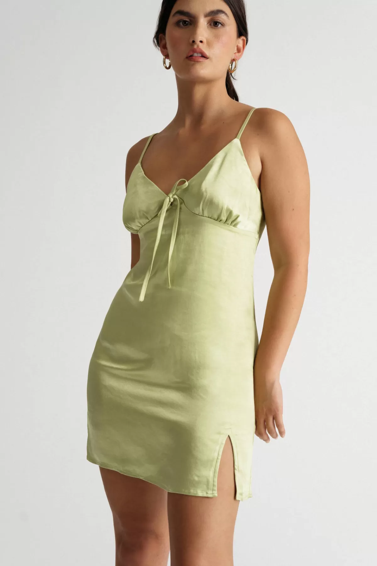 Tobi In Depth Satin Front Tie Mini Dress - Green* Honeymoon Outfits | Bridesmaid Dresses