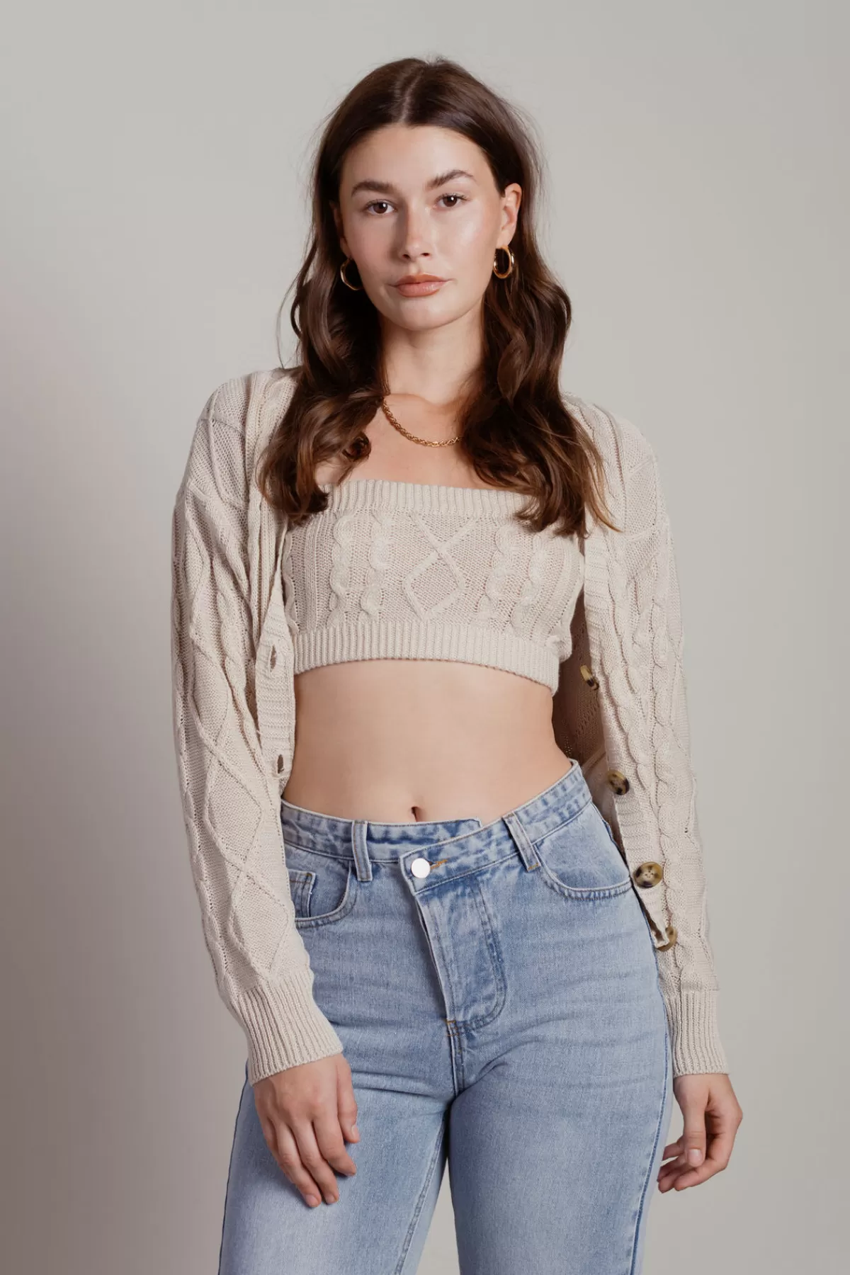 Tobi Isla Cable Knit Crop Top And Cardigan Set - Sage* Long Sleeve Tops | Long Sleeve Tops