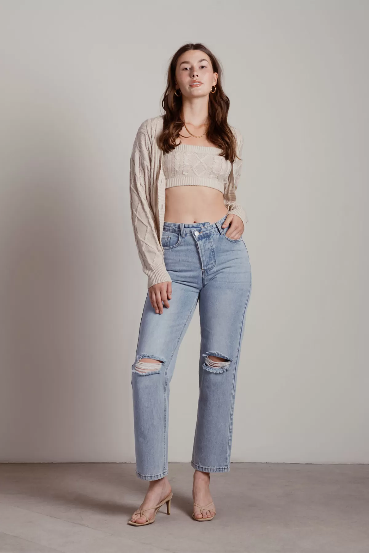 Tobi Isla Cable Knit Crop Top And Cardigan Set - Sage* Long Sleeve Tops | Long Sleeve Tops