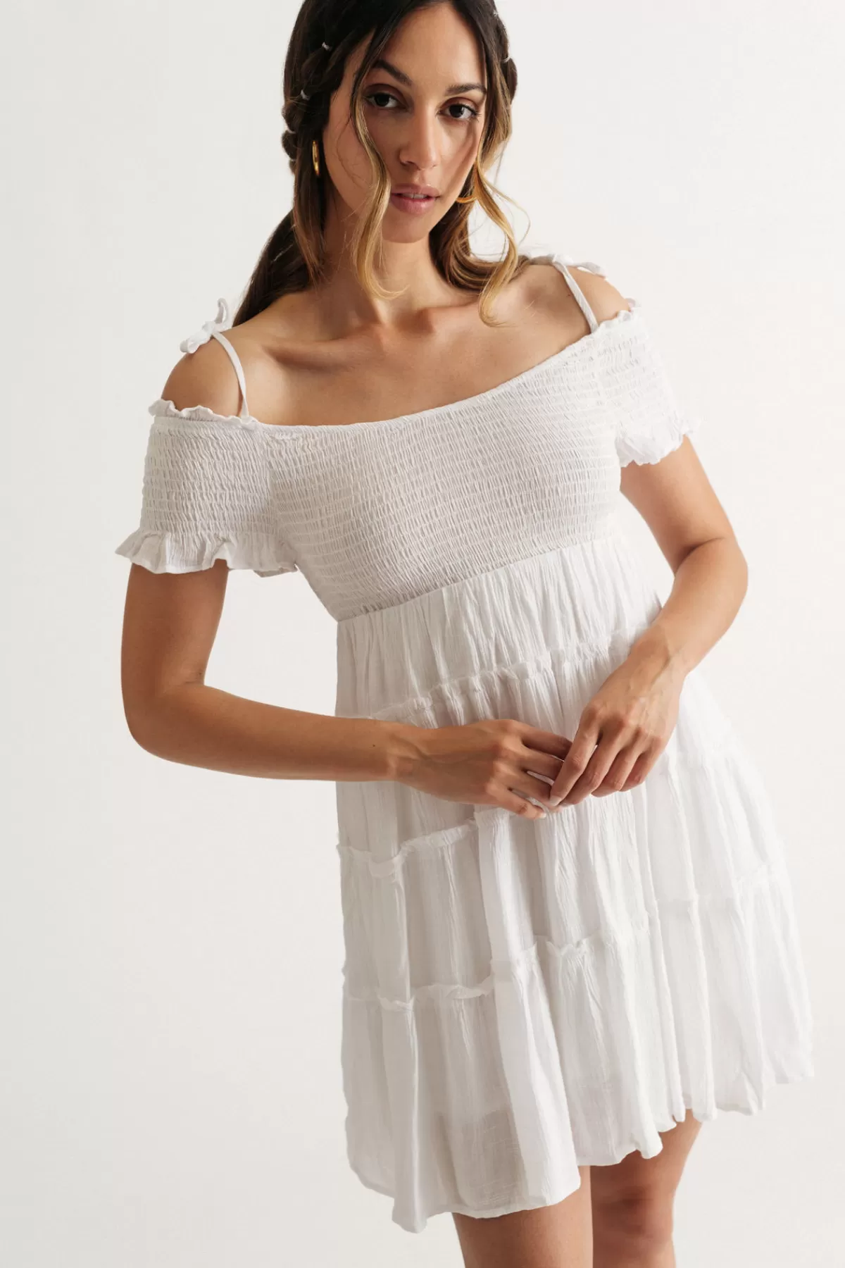 Tobi Jaida Off The Shoulder Tiered Mini Dress - * Bump Friendly Dresses | Simple Wedding Dresses