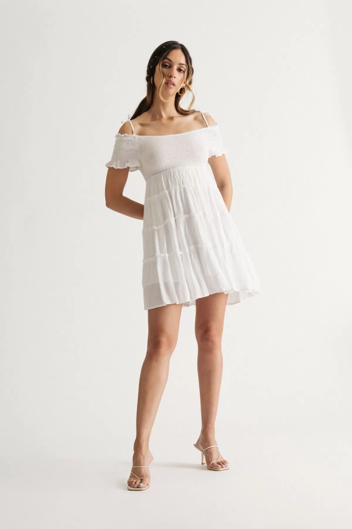 Tobi Jaida Off The Shoulder Tiered Mini Dress - * Bump Friendly Dresses | Simple Wedding Dresses