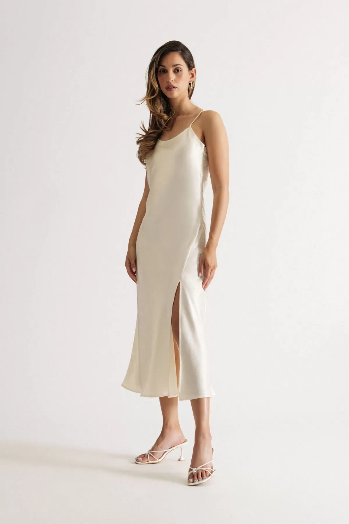 Tobi Kylah Cream Satin Slit Slip Midi Dress* Honeymoon Outfits | Satin Bridesmaid Dresses