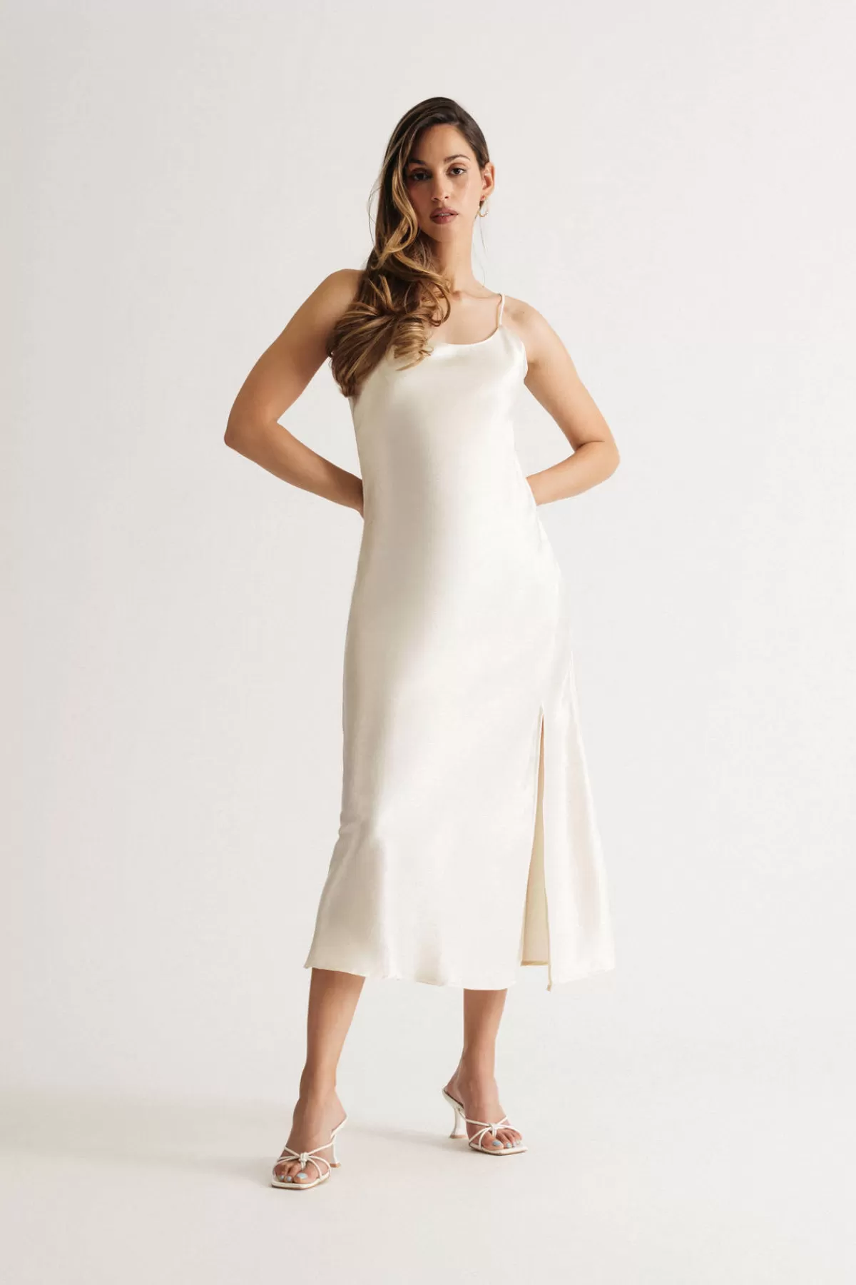 Tobi Kylah Cream Satin Slit Slip Midi Dress* Honeymoon Outfits | Satin Bridesmaid Dresses