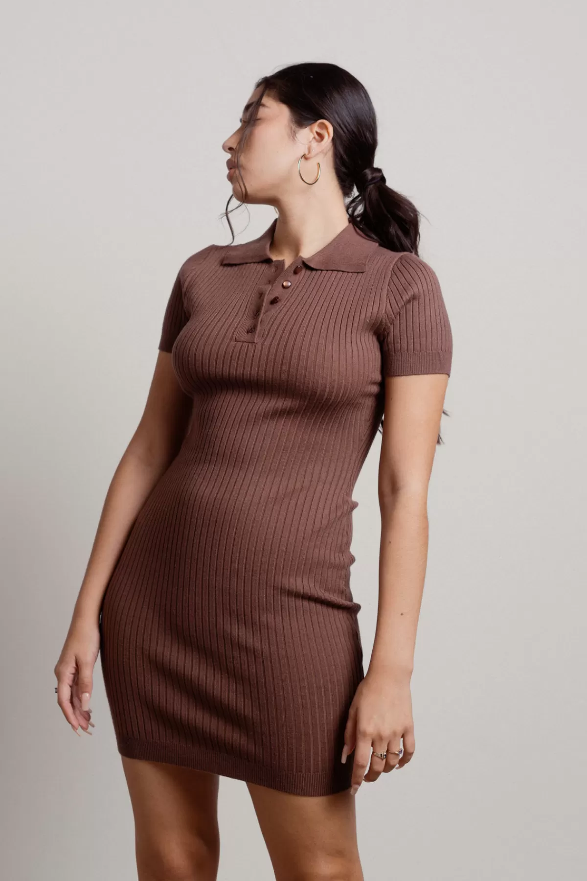 Tobi Late To Class Collared Ribbed Mini Dress - * Brown Dresses | Vacation Dresses