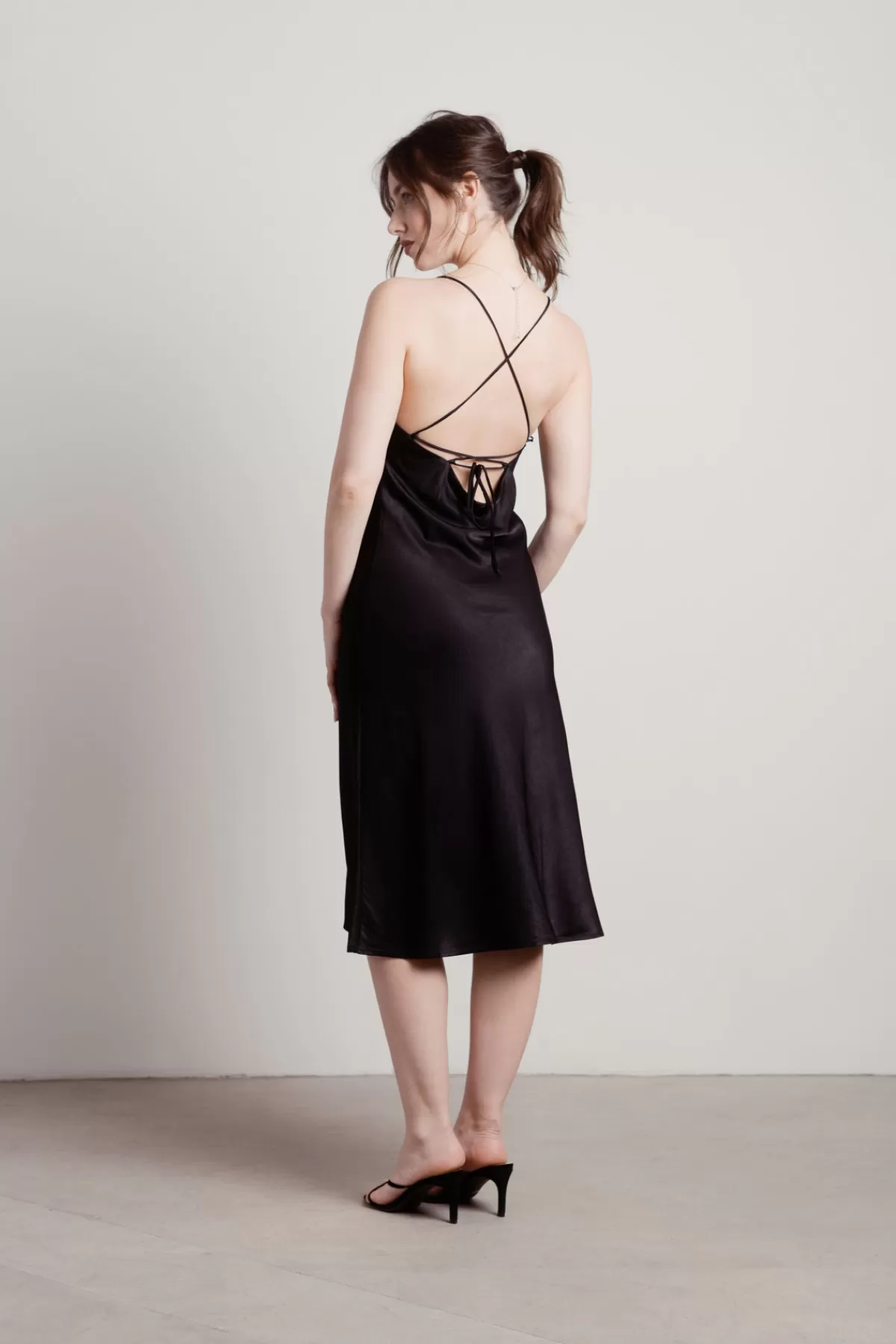 Tobi Liora Satin Cross Back Midi Dress - Black* Honeymoon Outfits | Bachelorette Party Dresses