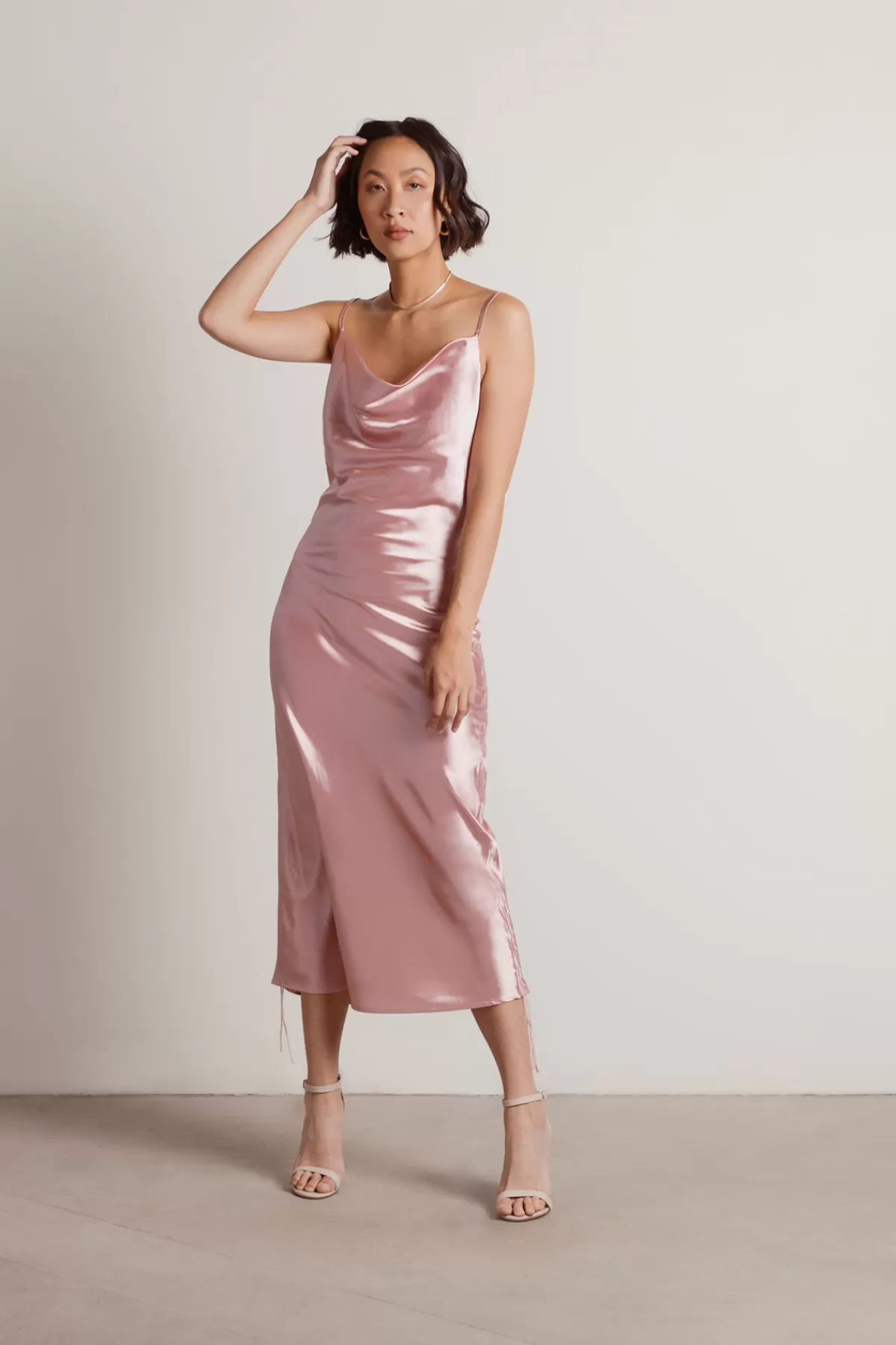Tobi Listen To Me Satin Ruched Midi Dress - Blush* Honeymoon Outfits | Satin Bridesmaid Dresses