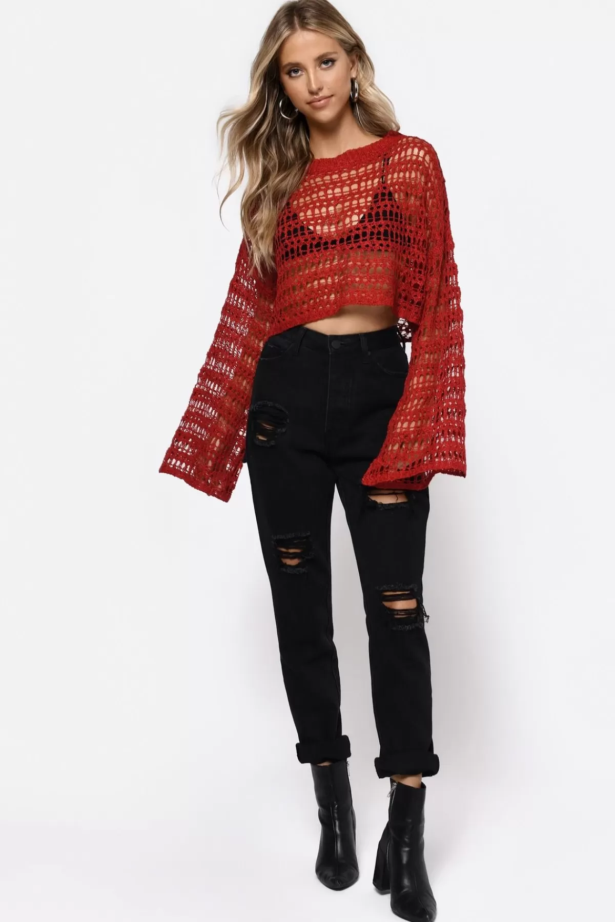 Tobi Lost Love Crochet Sweater - * Red Tops | Long Sleeve Tops