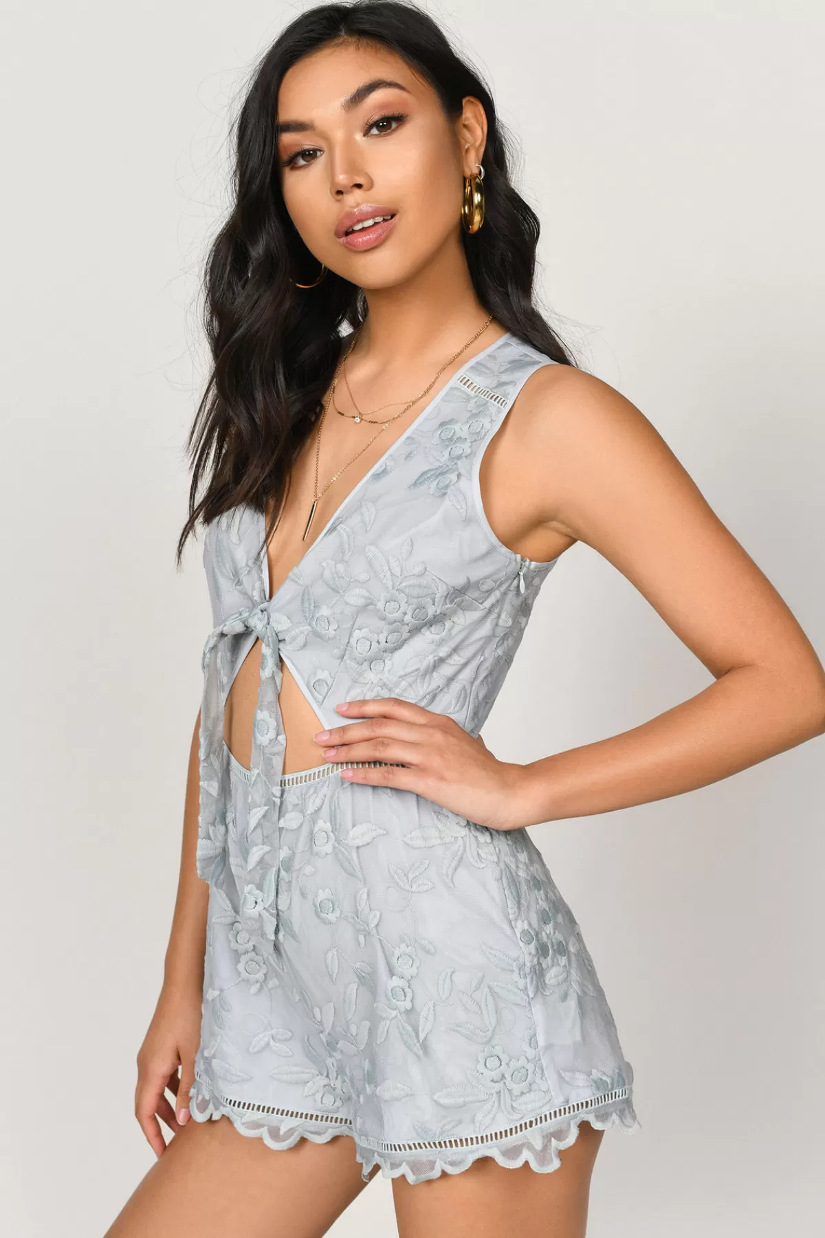 Tobi Love Game Embroidered Romper - Light Blue* Resort Wear | Concert Outfits