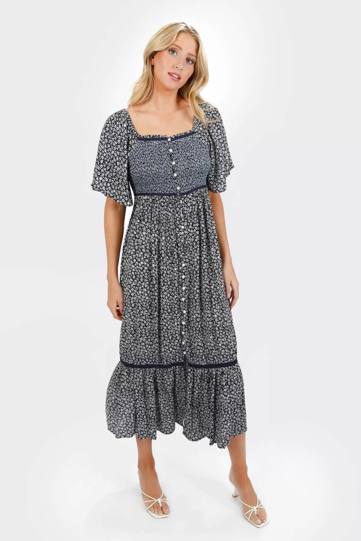 Tobi Maeve Smocked Buttoned Midi Dress - Midnight* Bump Friendly Dresses | Boho Dresses