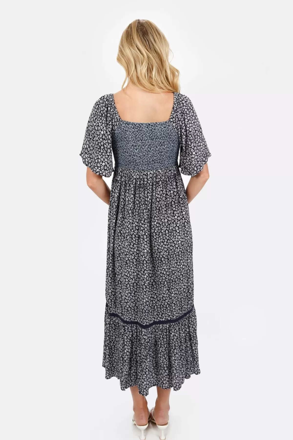 Tobi Maeve Smocked Buttoned Midi Dress - Midnight* Bump Friendly Dresses | Boho Dresses