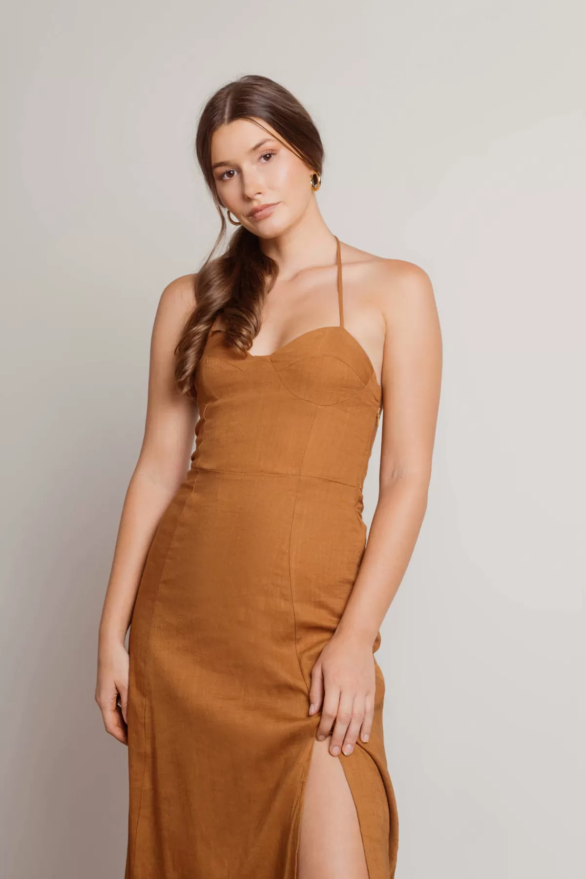 Tobi Maison Halter Slit Midi Dress - Oatmeal* Casual Wedding Guest Dresses | Wedding Guest Dresses Under $50