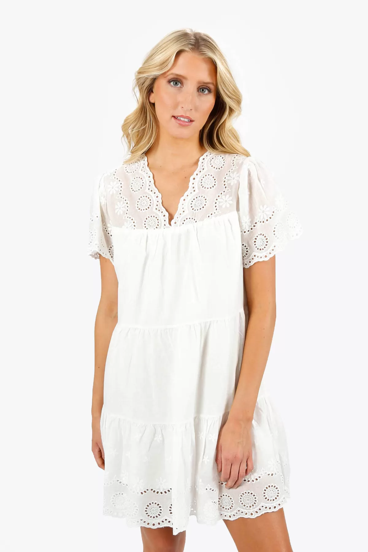 Tobi Meagan Eyelet Tiered Mini Dress - * Bump Friendly Dresses | Beach Vacation Outfits