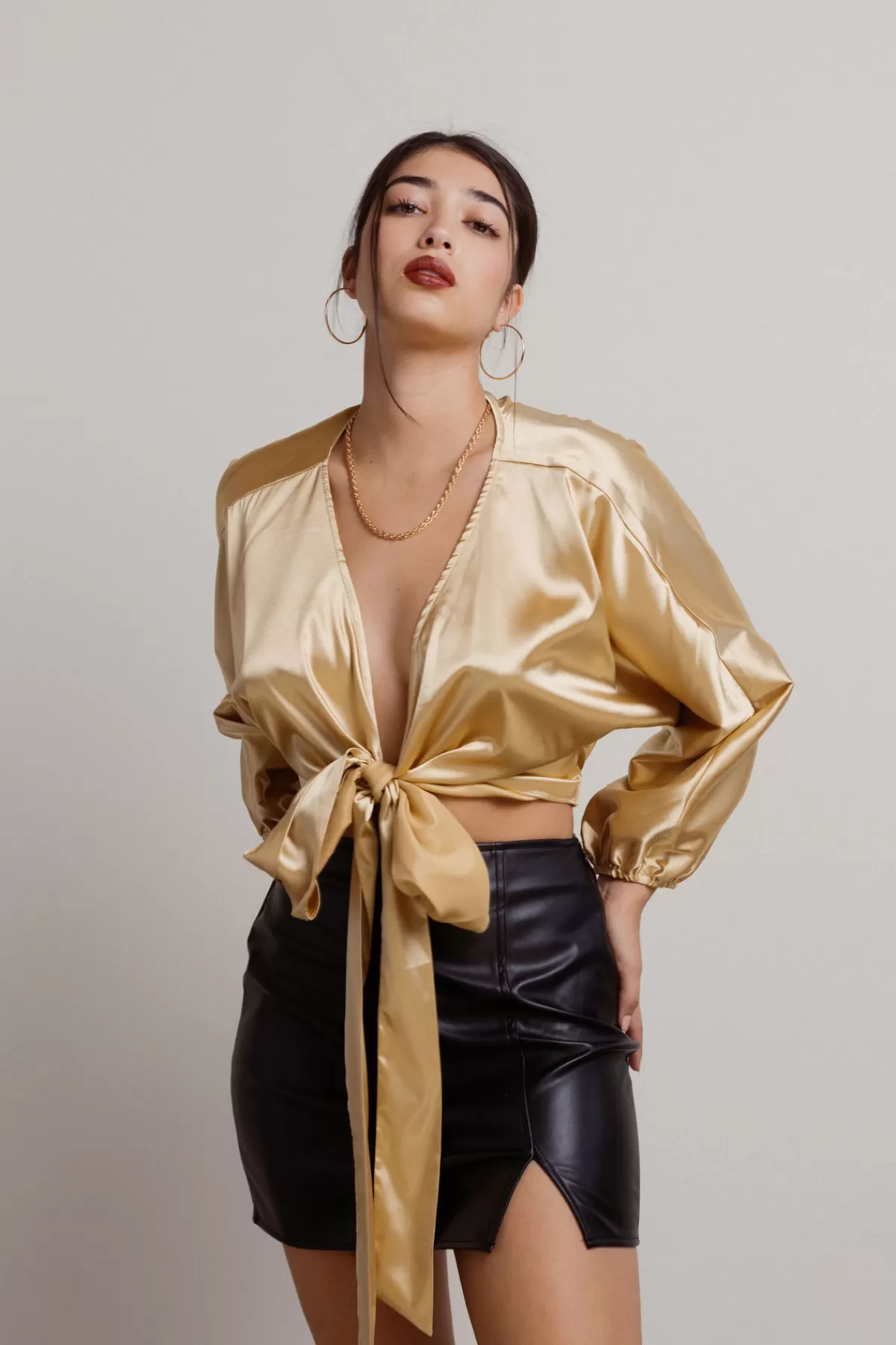 Tobi Megan Satin Tie Front Blouse Satin Blouse - * Blouses & Shirts | Long Sleeve Tops