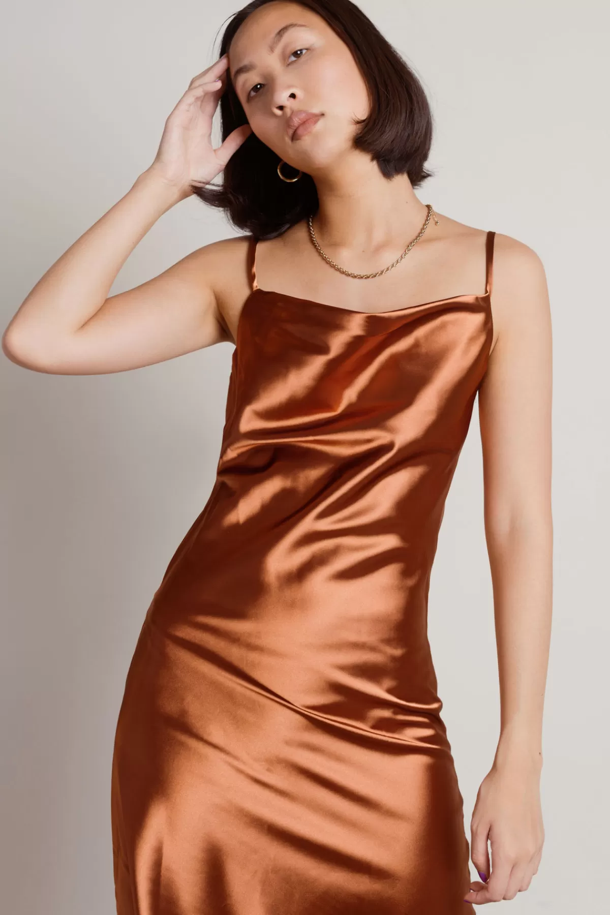 Tobi Momentum Satin Cami Midi Dress - Cocoa* Honeymoon Outfits | Satin Bridesmaid Dresses