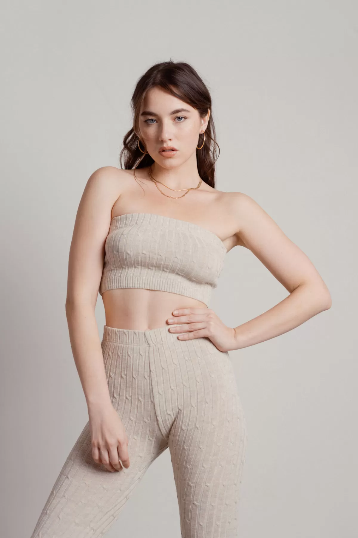 Tobi Monique Ribbed Tube Top Pants Set - Beige* Vacation Shop | Pants