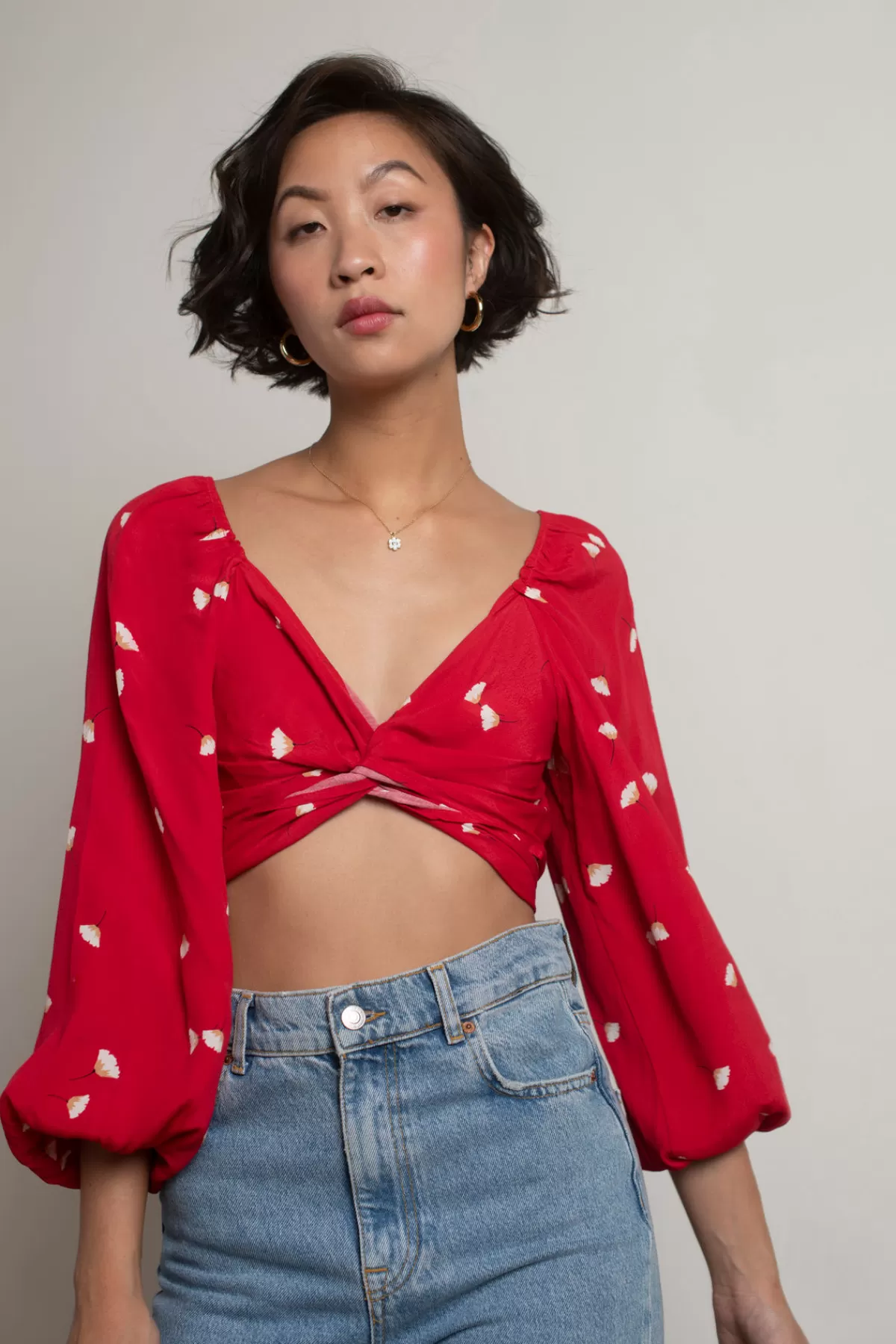 Tobi Move On Crop Top - Navy Satin Leopard* Birthday Outfits | Puff Sleeve Tops