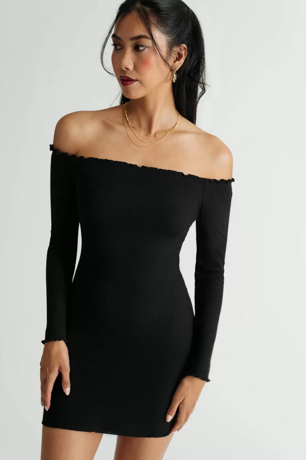 Tobi Nicki Off Shoulder Lettuce Trim Bodycon Mini Dress* Semi Formal Dresses | Long Sleeve Cocktail Dresses