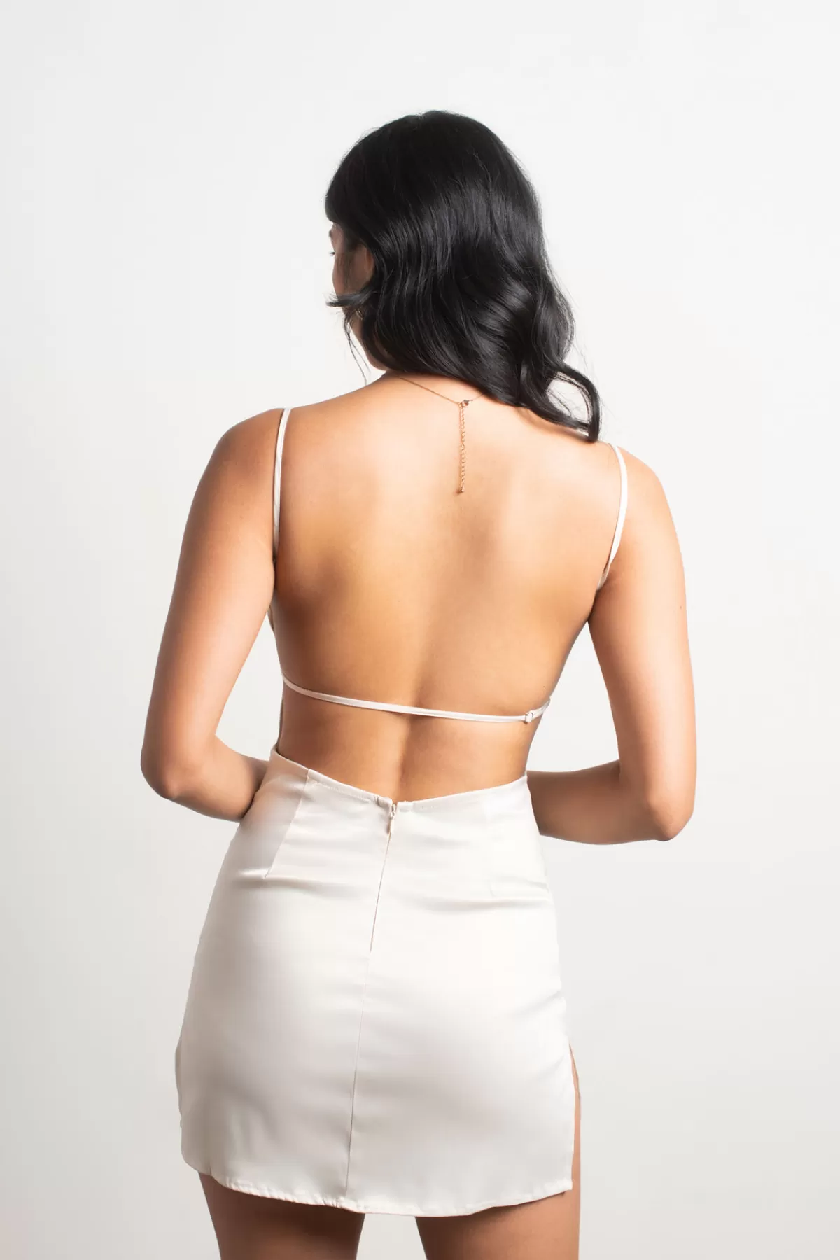 Tobi Nothing But Trouble Satin Open Back Mini Dress - Tan* Honeymoon Outfits | Bridal Party Outfits