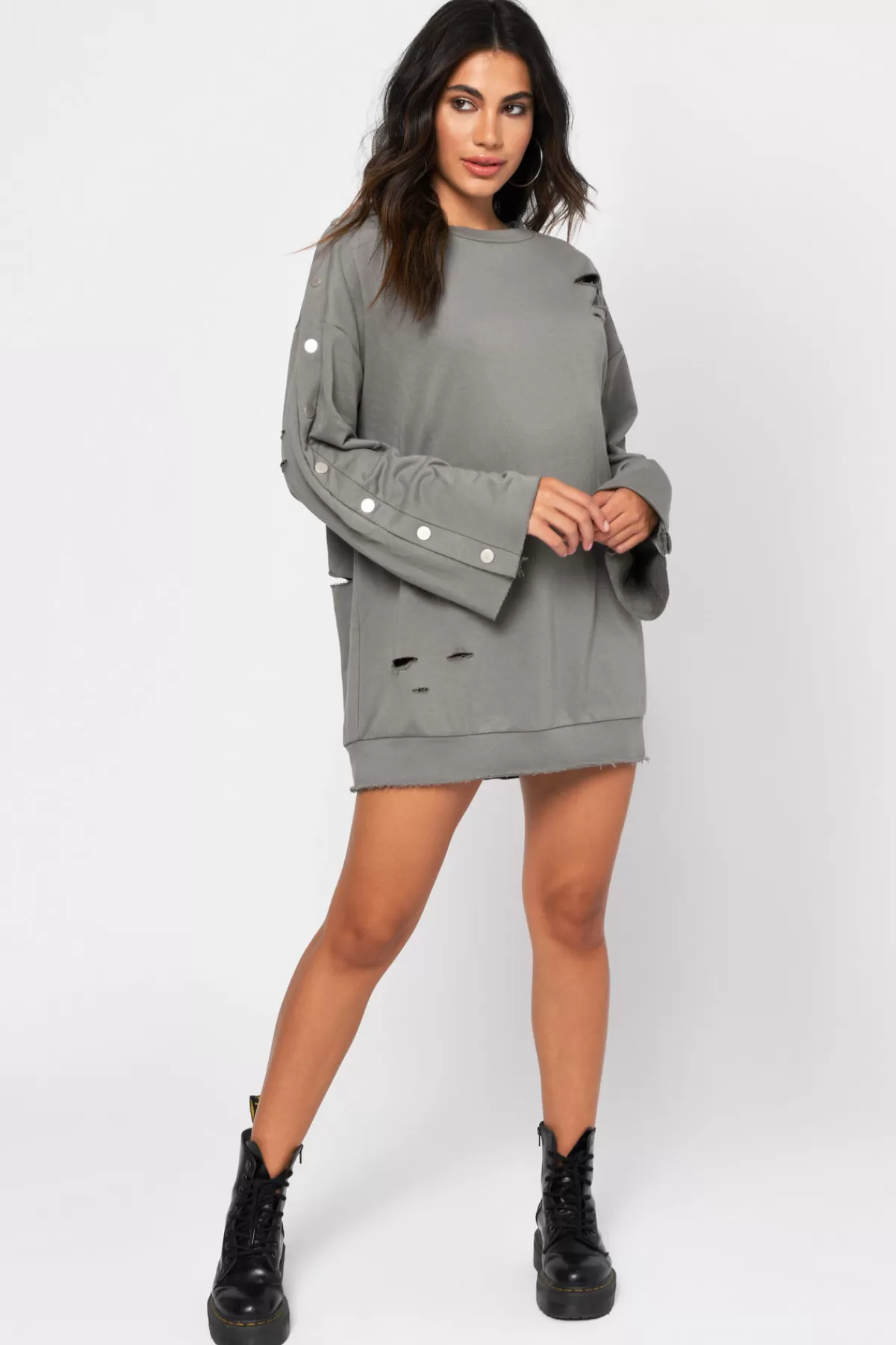 Tobi Oh Snap Oversized Distressed Mini Dress - * Shift Dresses | Long Sleeve Dresses