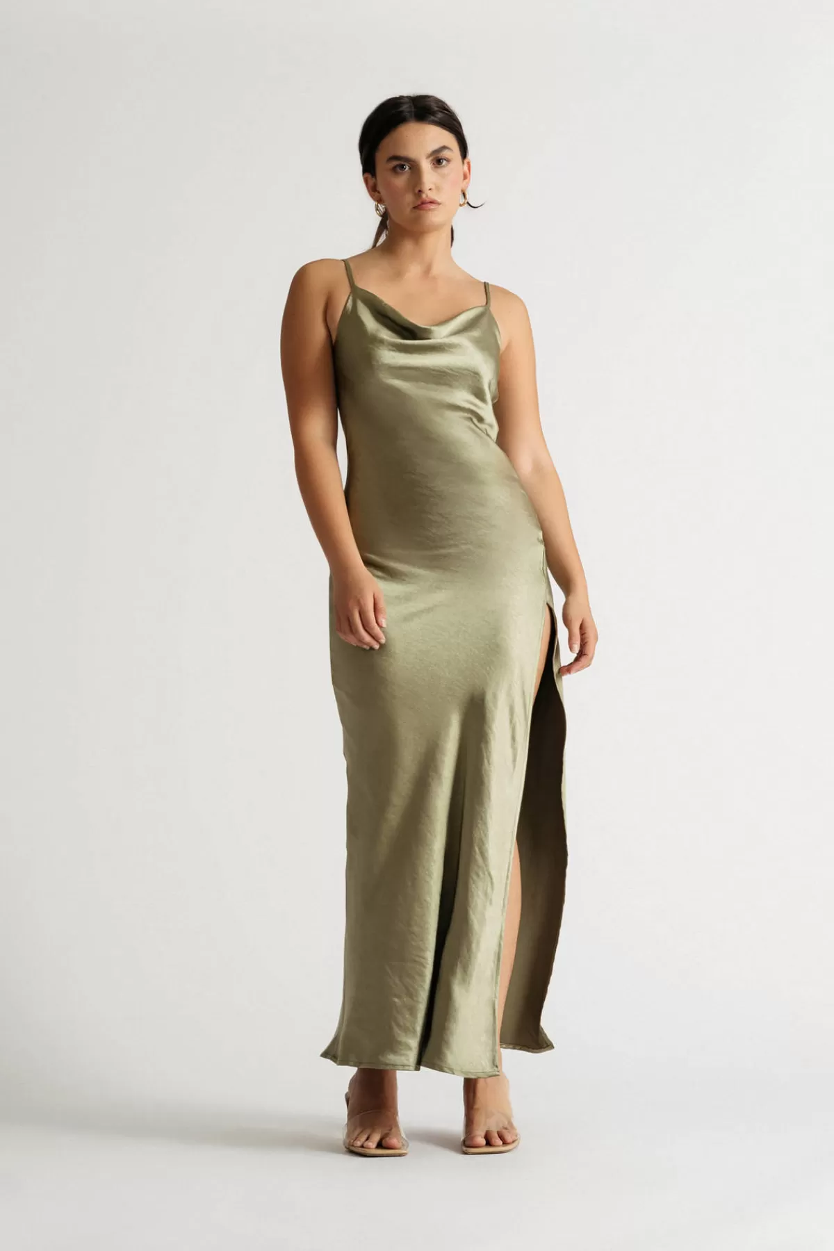 Tobi Our Moment Sage Cowl Neck Satin Slit Maxi Dress* Honeymoon Outfits | Satin Bridesmaid Dresses