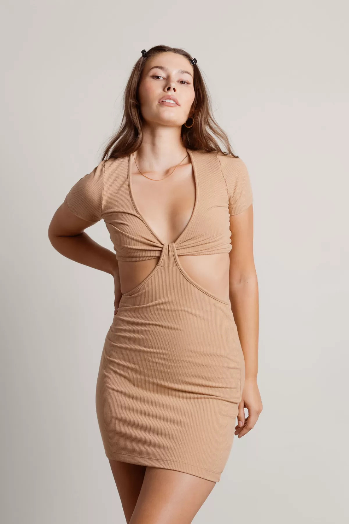 Tobi Promise You Ribbed Cutout Mini Dress - Brown* Honeymoon Outfits | Bachelorette Party Dresses