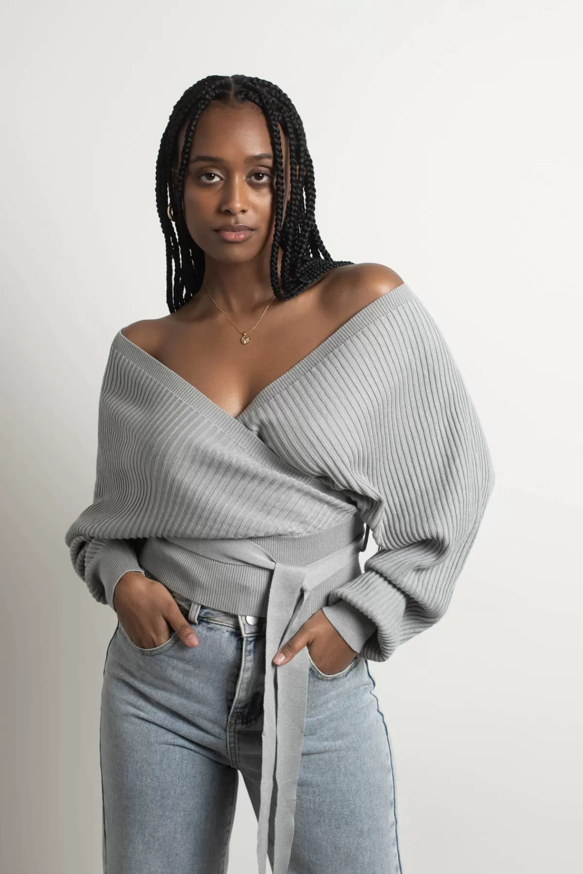 Tobi Relax Sweetie Wrap Tie Sweater - Grey* Holiday Gift Guide | Off The Shoulder Tops