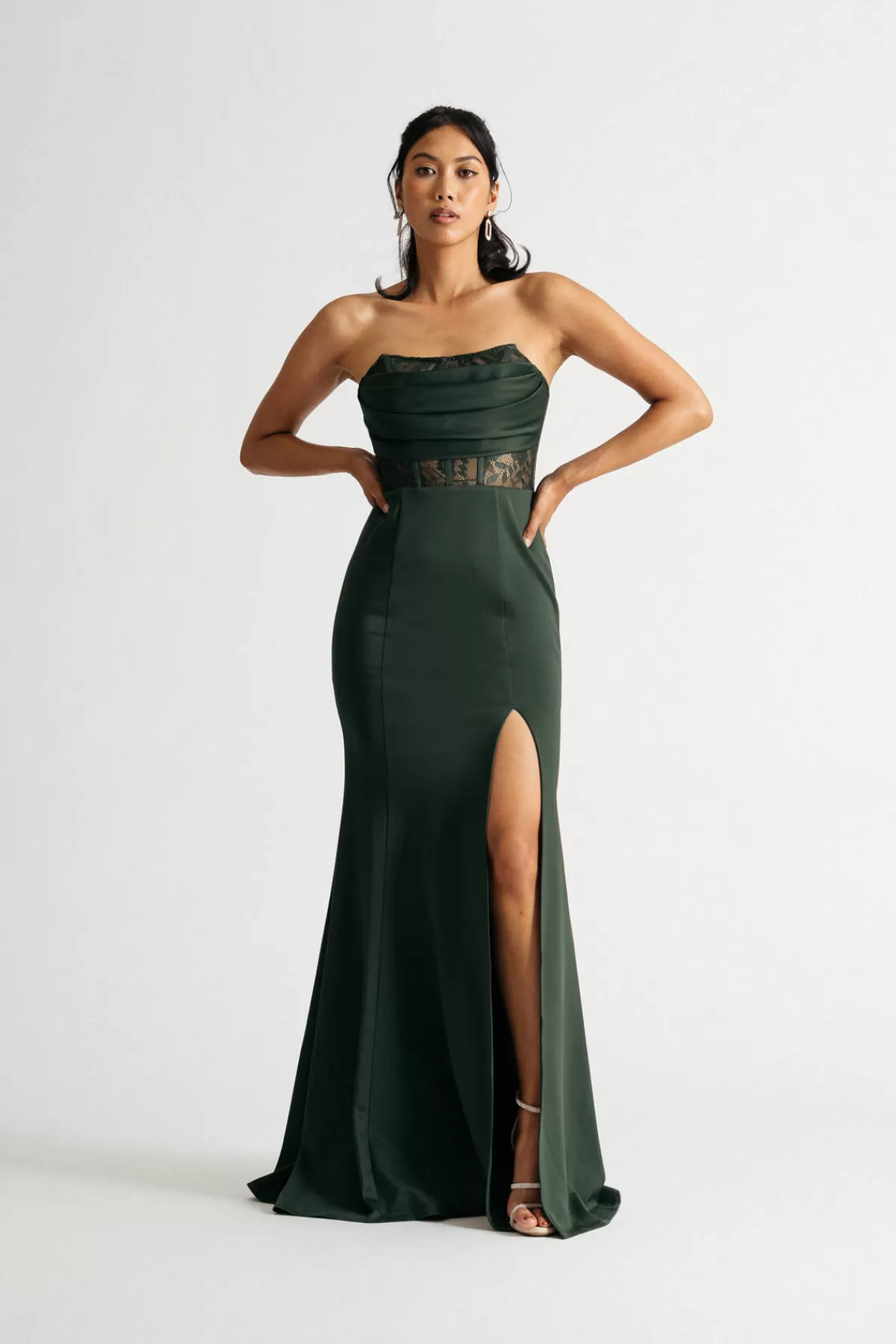 Tobi Sabrina Strapless Lace Satin Slit Maxi Dress* Satin Bridesmaid Dresses | Mother Of The Bride Groom Dresses