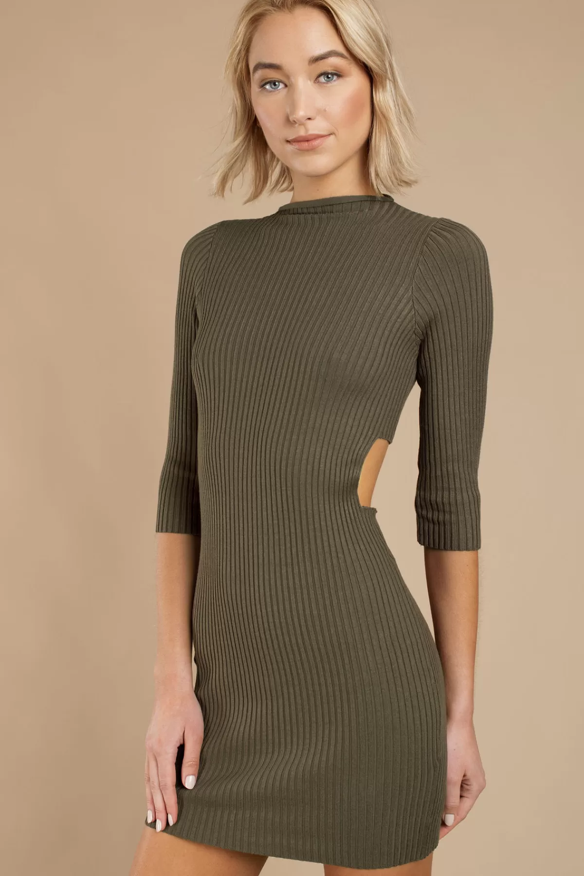 Tobi Sassy Side Ribbed Cutout Mini Dress - Olive* Wedding Guest Dresses Under $50 | Wedding Guest Dresses