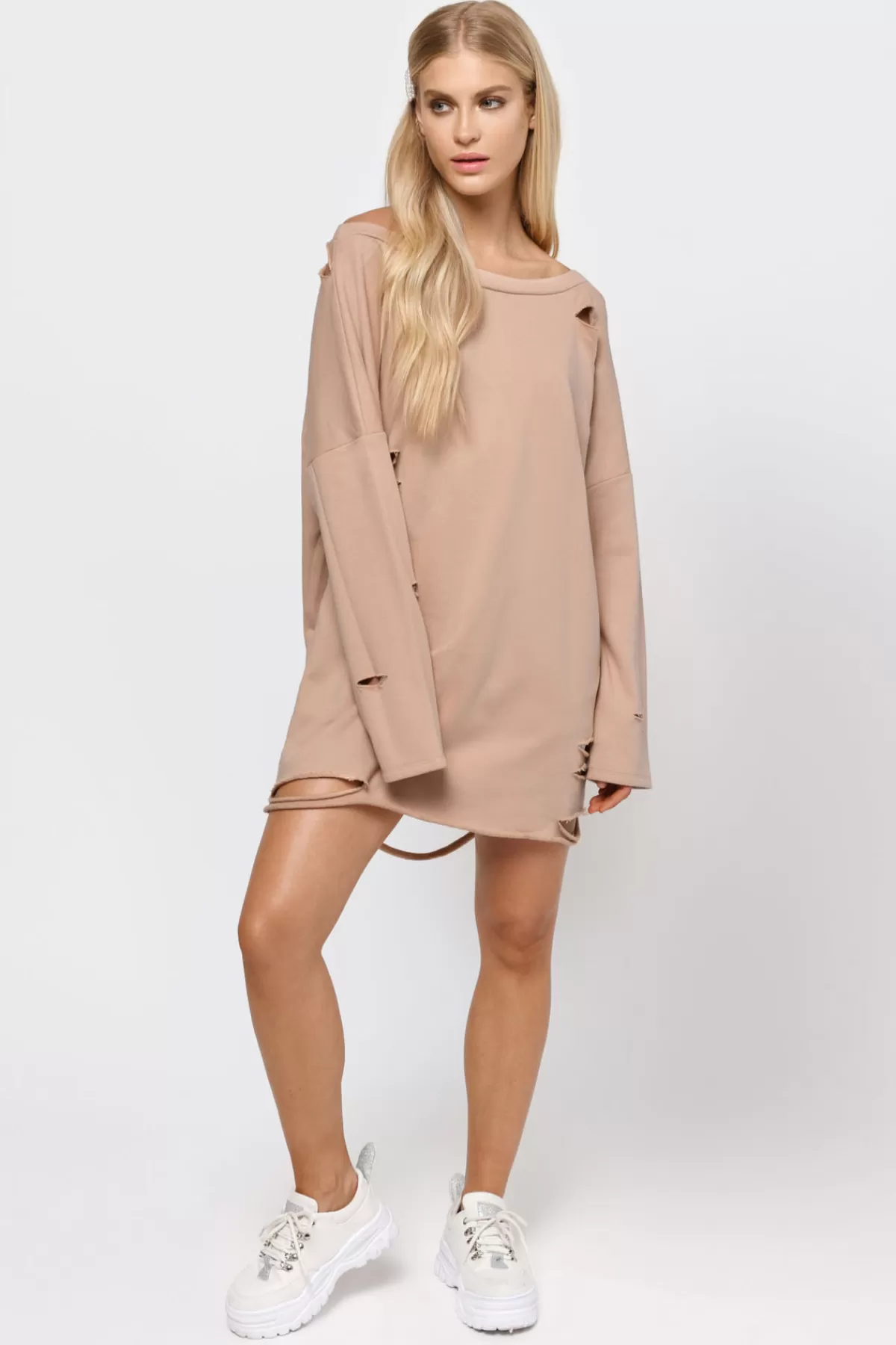 Tobi Show Distressed Sweater Mini Dress - Natural* Shift Dresses | Long Sleeve Dresses