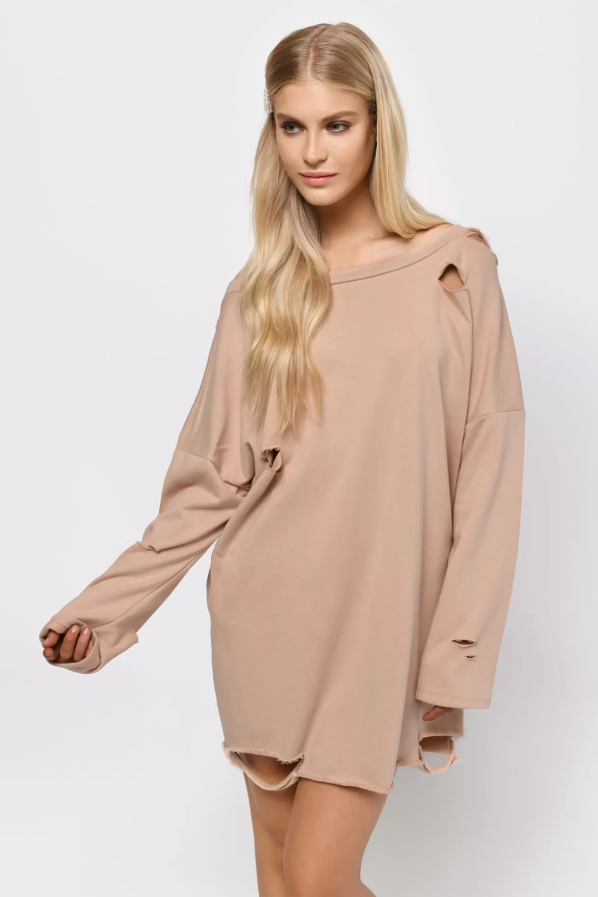 Tobi Show Distressed Sweater Mini Dress - Natural* Shift Dresses | Long Sleeve Dresses