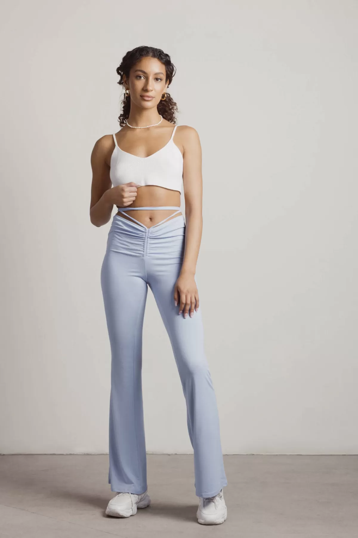 Tobi Snazzer Ruched Waist Tie Pants - Light Blue* Pants